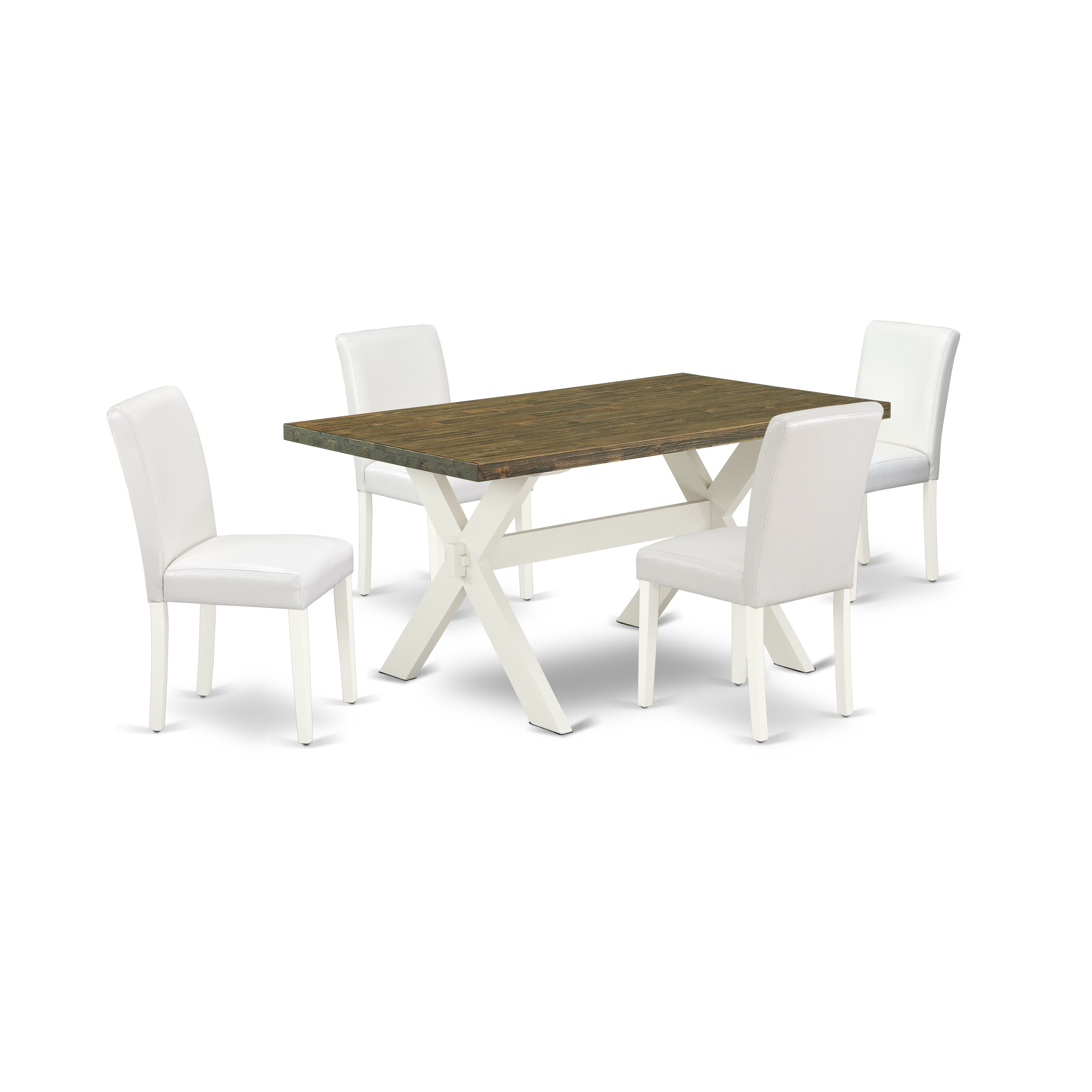 Juego de mesa de comedor moderna de 5 piezas East West Furniture X076AB264-5. Incluye una mesa rectangular de madera con patas en forma de X y 4 sillas de comedor Parsons de piel sintética blanca.