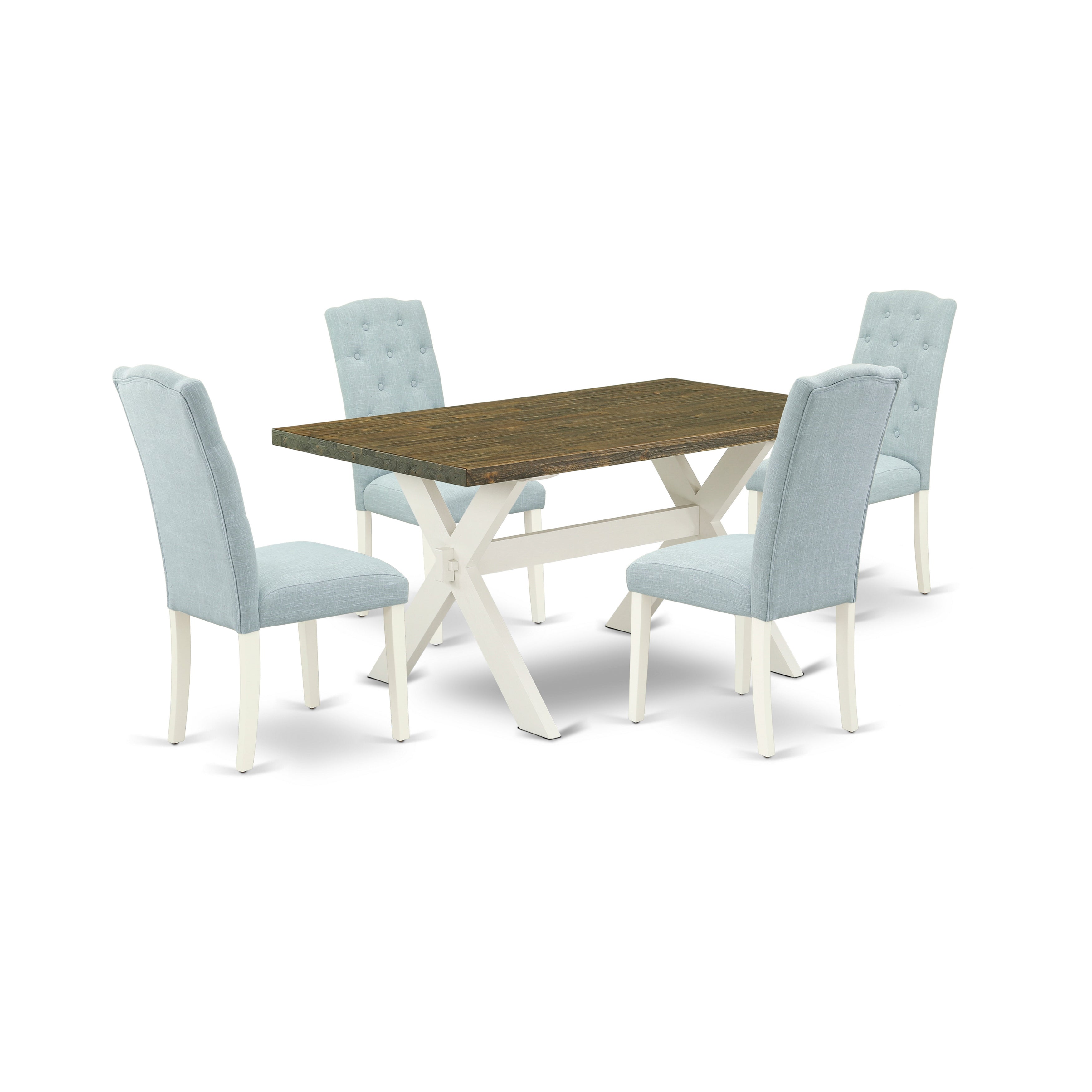 East West Furniture X076CE215-5 5-Pc Dining Table Set- 4 Dining Padded Chairs with Baby Blue Linen Fabric Seat and Button Tufted Chair Back - Dining Table (Distressed Jacobean Finish)
