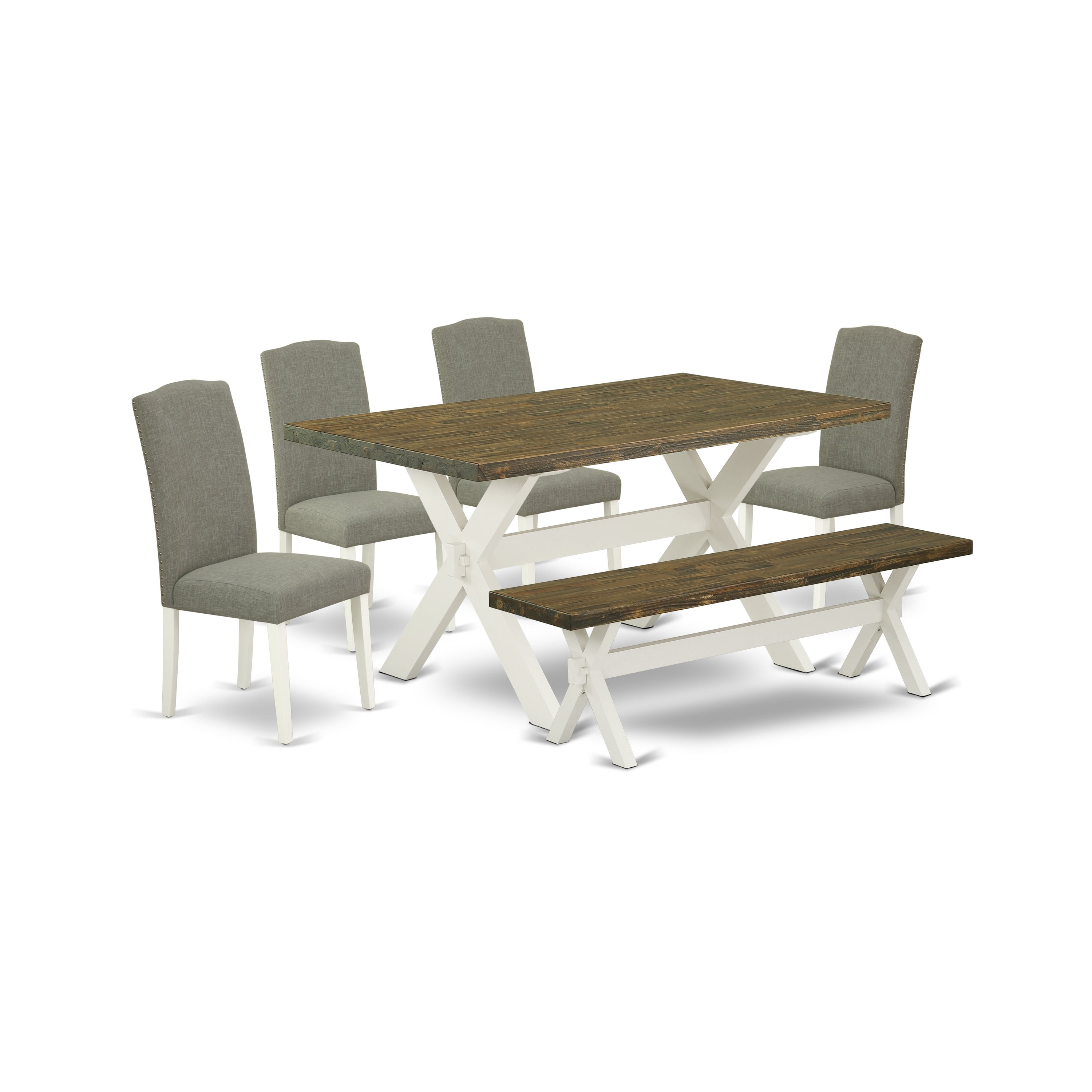 East West Furniture X076EN206-6 6-Piece Dinette Set with Dining Table and Small Bench - 4 Linen Fabric Parson Chairs (Wire Brushed Black Finish)