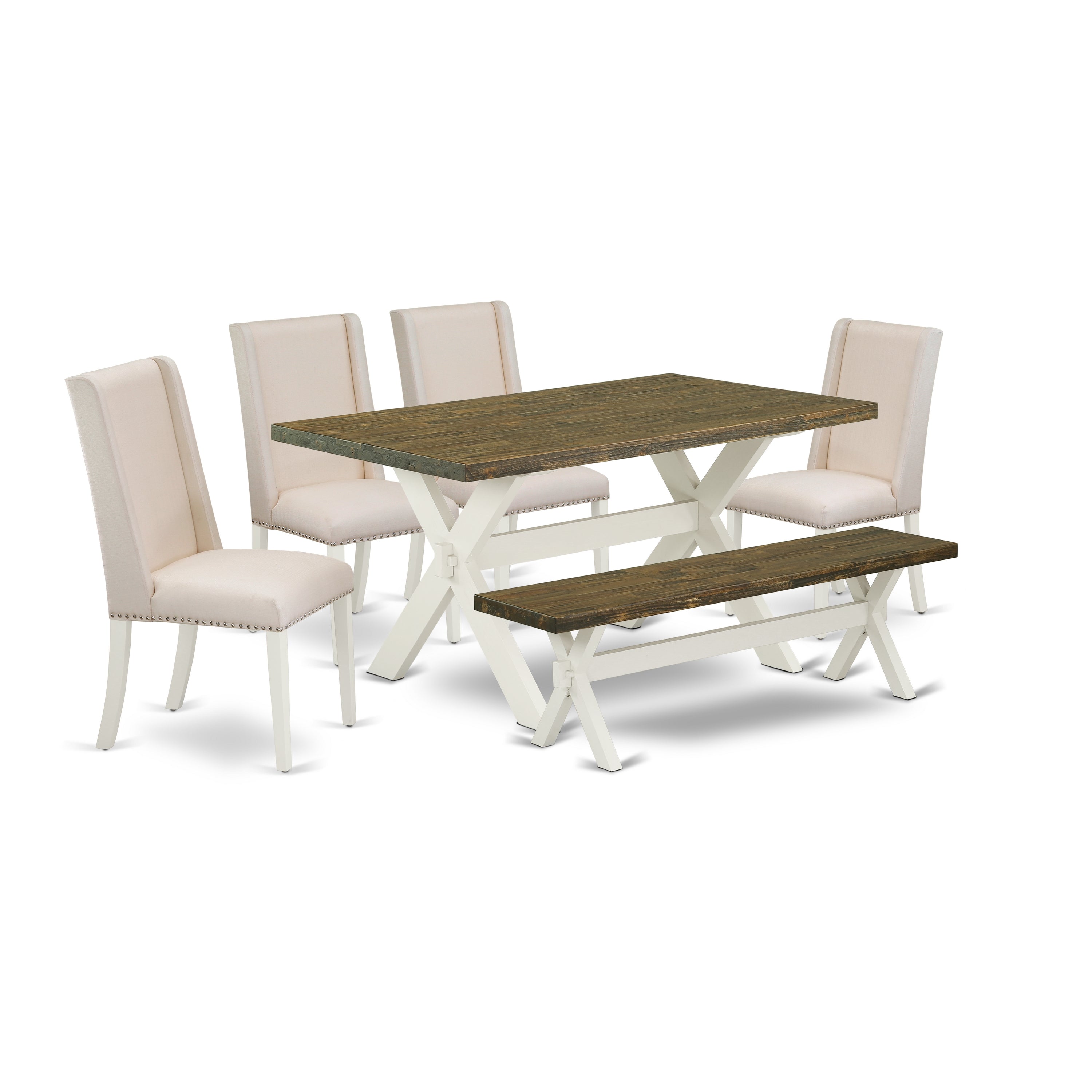 East West Furniture X076FL201-6 6-Piece Dining Table Set with Dining Table and Wooden Bench - 4 Linen Fabric Parson dining room chairs (Wire Brushed Black Finish)