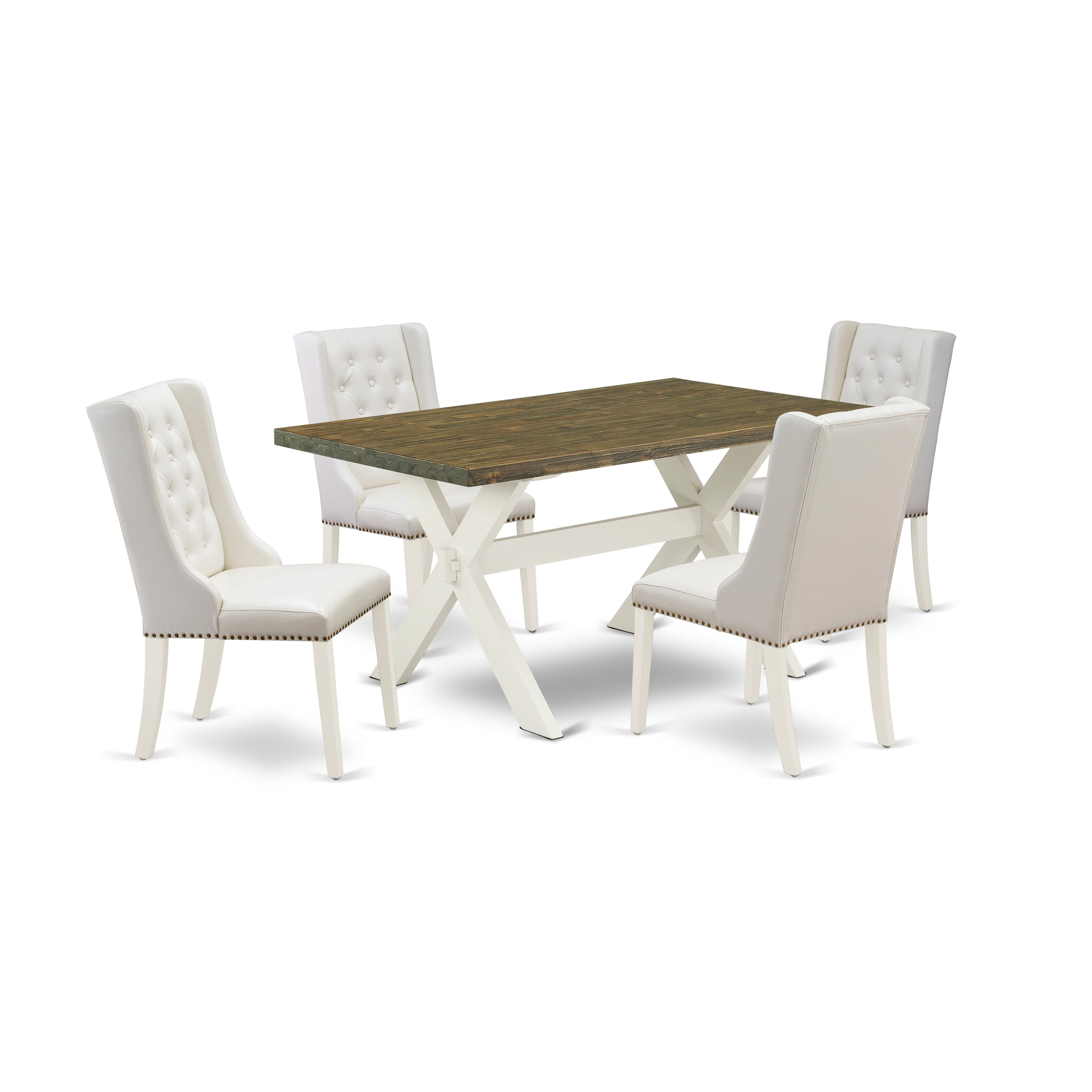 East West Furniture X076FO244-5 5-Piece Dining Table Set Consists of 4 Linen white Pu faux Leather Dining Chairs with Nailheads and Distressed Jacobean Wooden Table - linen white Finish