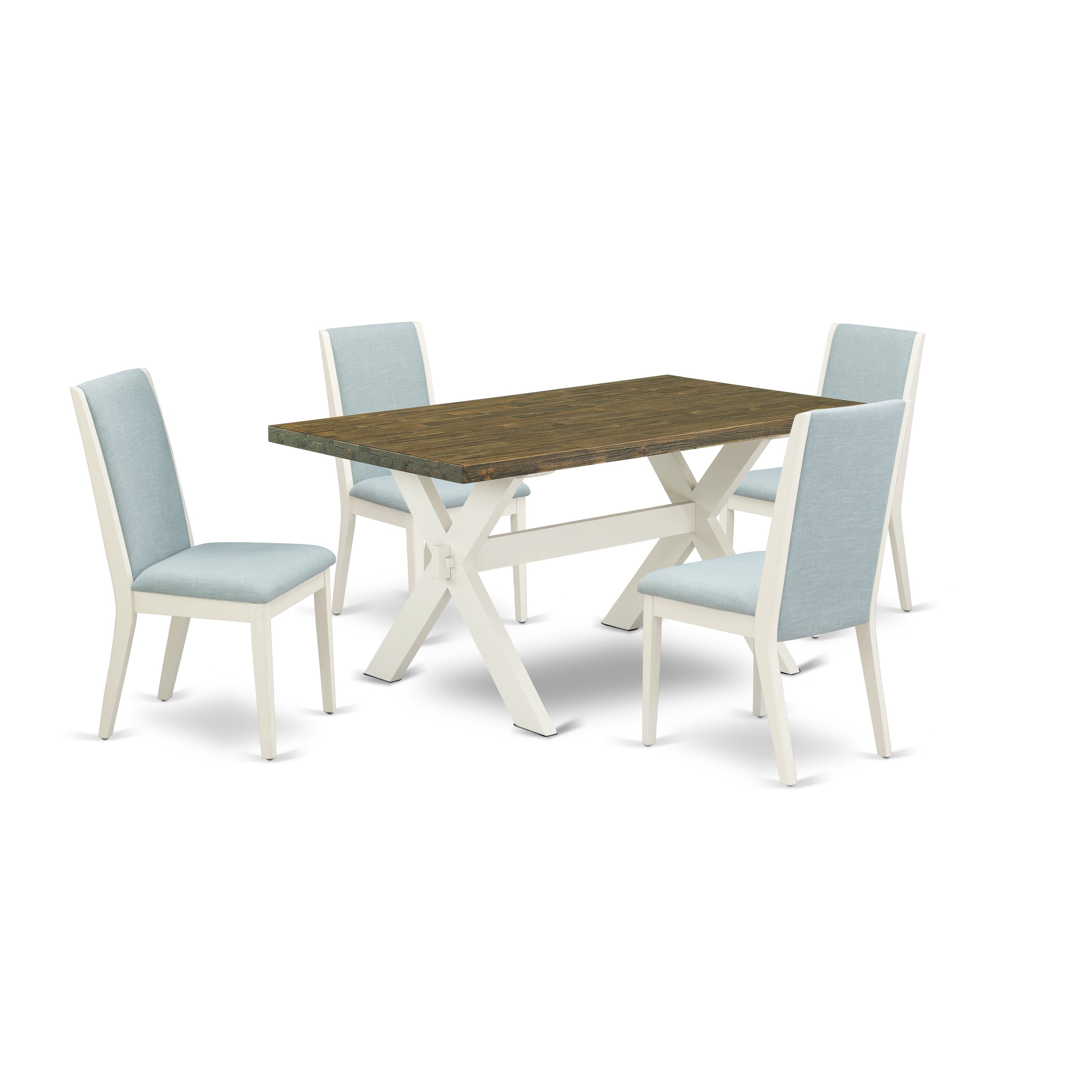 East West Furniture X076LA015-5 5Pc Dining Set Consists of a Wood Table and 4 Parson Dining Chairs with Baby Blue Color Linen Fabric, Medium Size Table with Full Back Chairs, Wirebrushed Linen White and Distressed Jacobean Finish