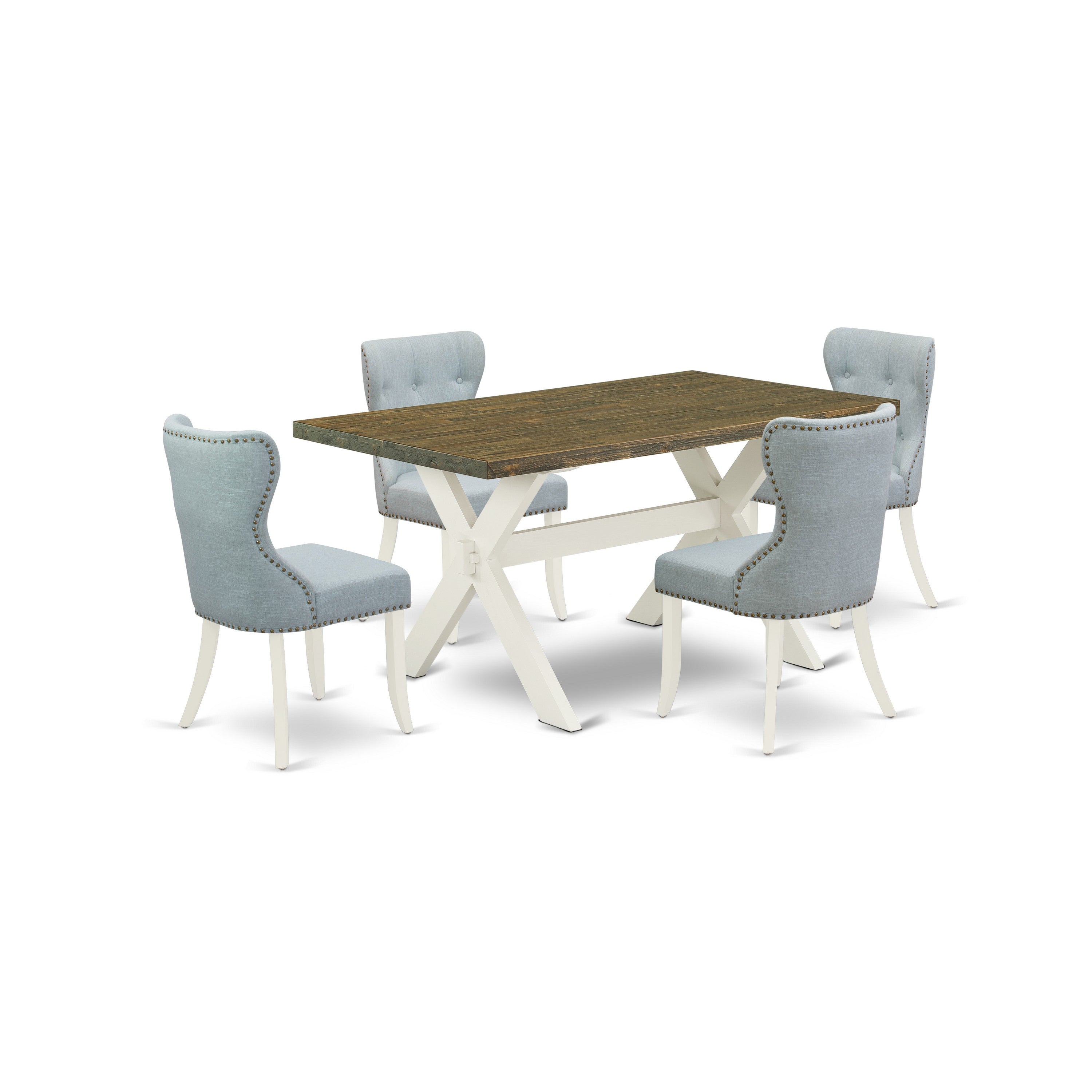 East West Furniture X076SI215-5 5-Piece Modern Dining Table Set- 4 Dining Chair with Baby Blue Linen Fabric Seat and Button Tufted Chair Back - Rectangular Table (Distressed Jacobean Finish)