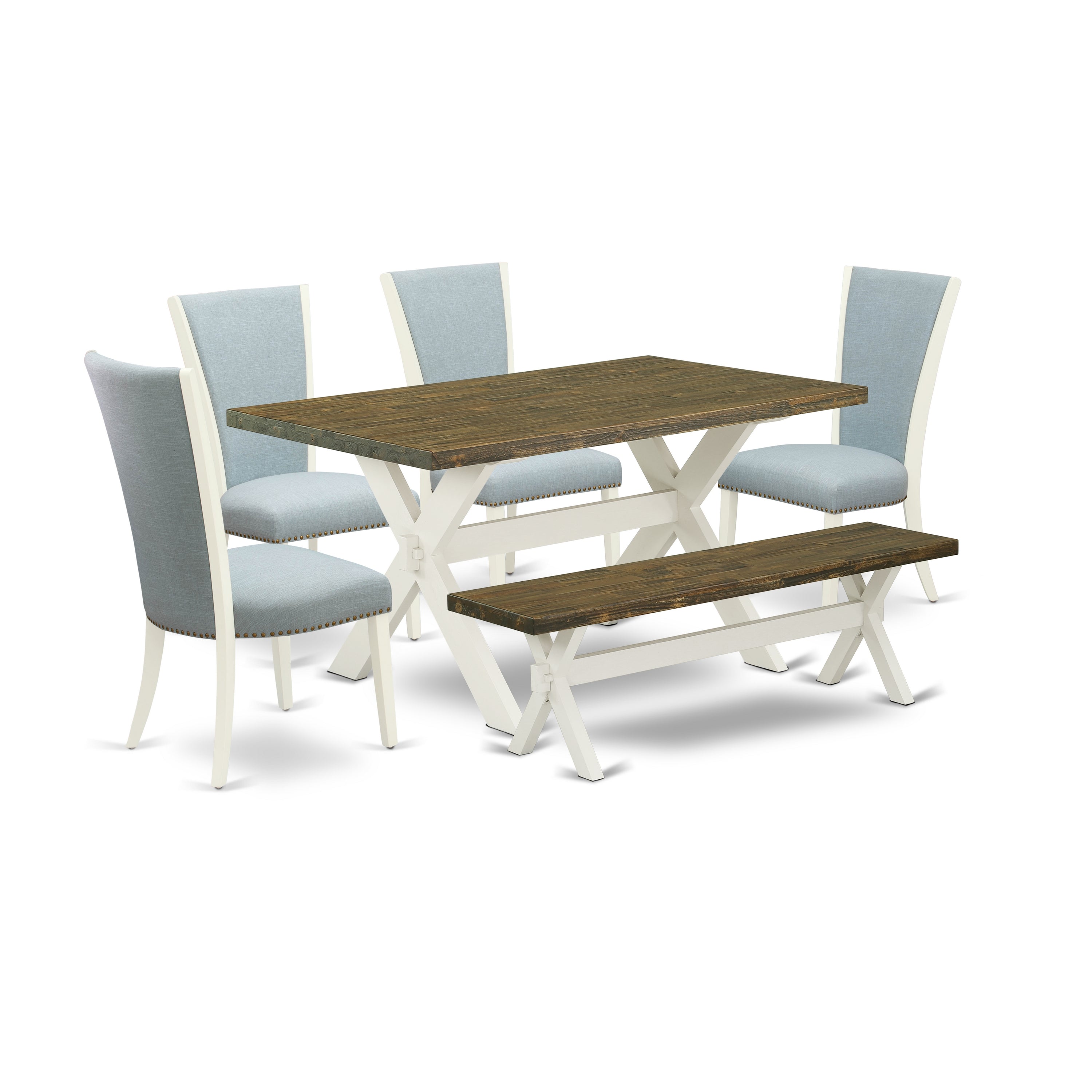 East West Furniture X076VE215-6 6 Piece Dining Room Table Set - 4 Baby Blue Linen Fabric Modern Chair with Nailheads and Distressed Jacobean Rectangular Table - 1 Dining Bench - linen white Finish