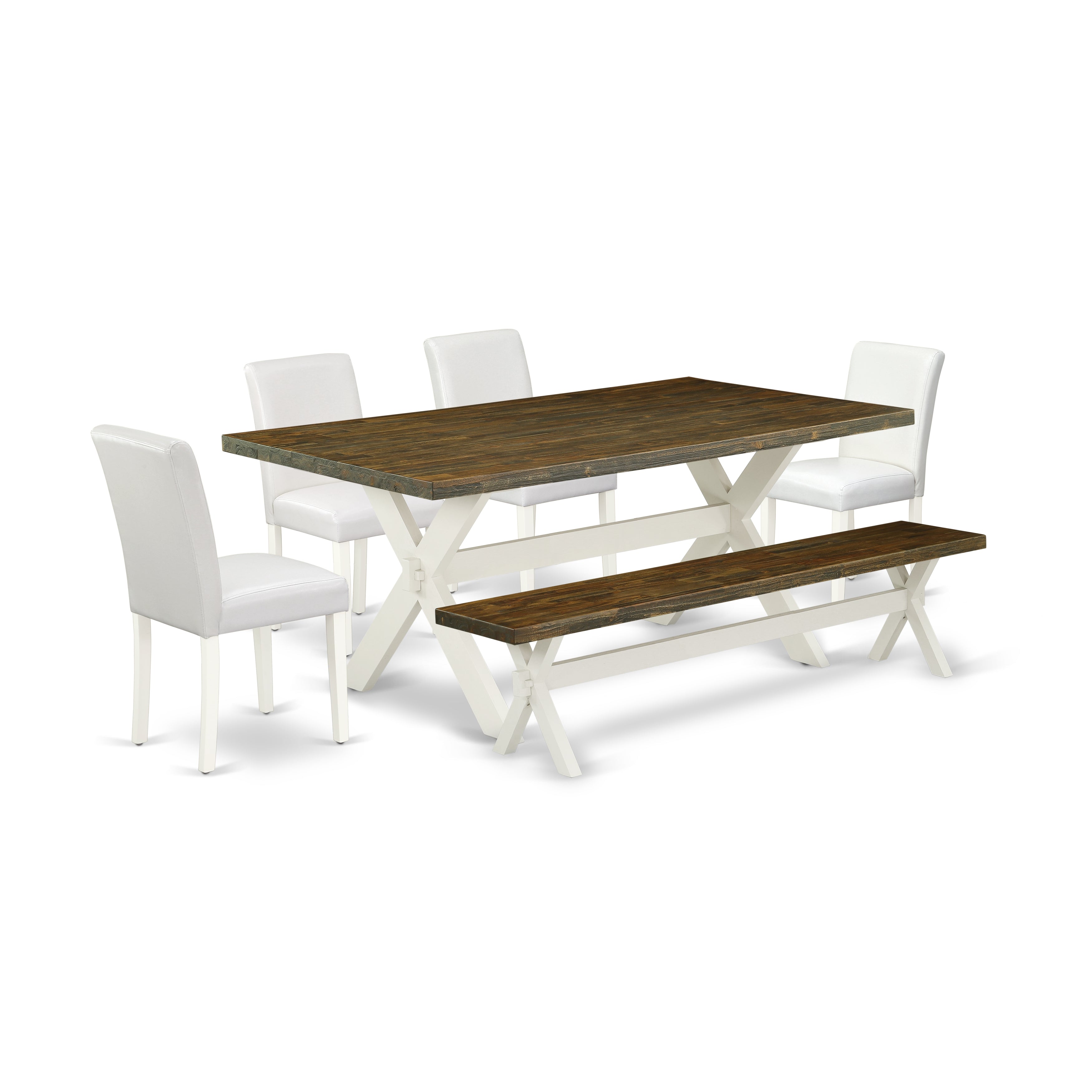 East West Furniture X077AB264-6 6-Piece Dining Table Set with Dining Table and Small Bench - 4 PU faux Leather Dining Chairs (linen white Finish)