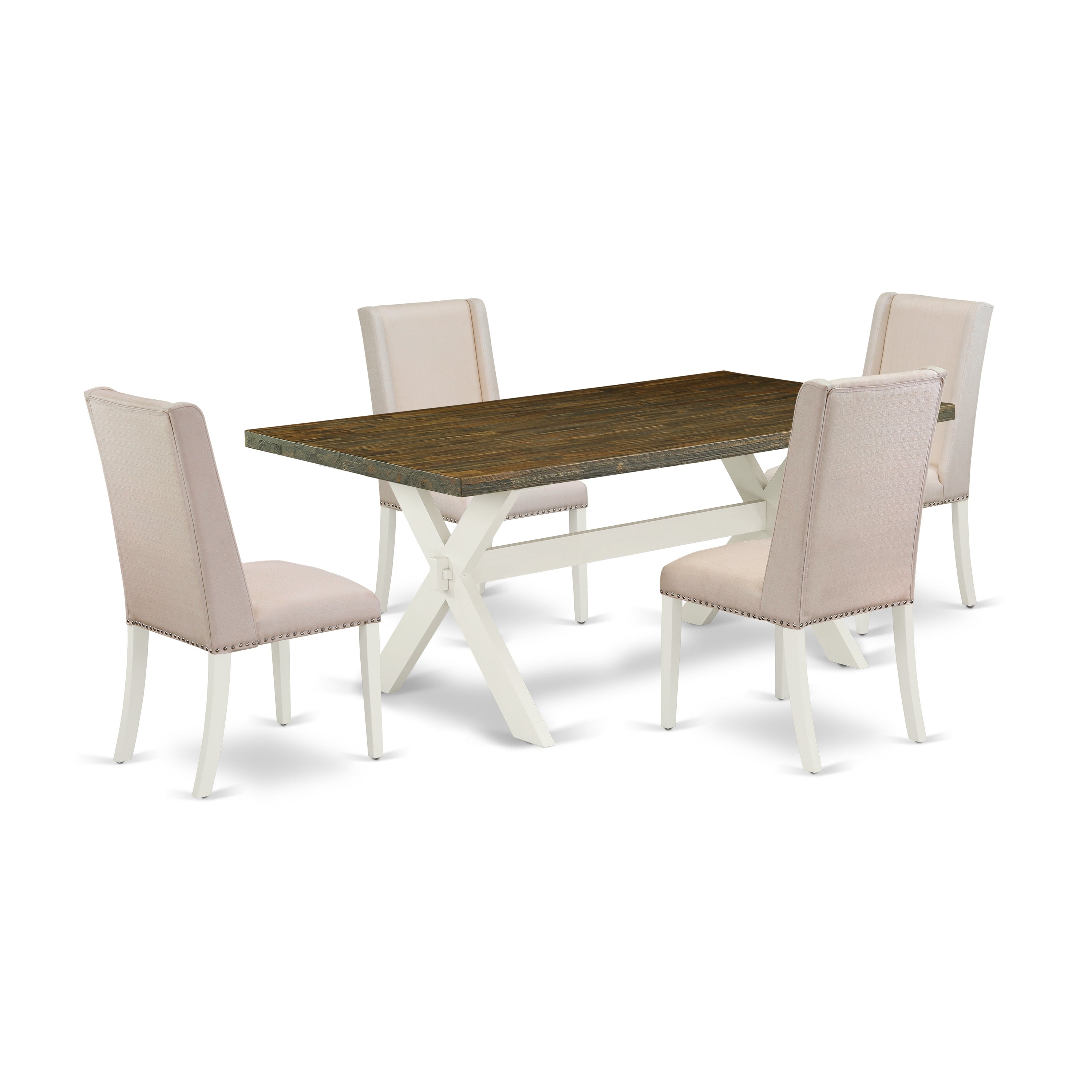 Juego de comedor de 5 piezas East West Furniture X077FL201-5. Incluye una mesa de comedor rectangular con patas en forma de X y 4 sillas Parsons de tela de lino color crema.