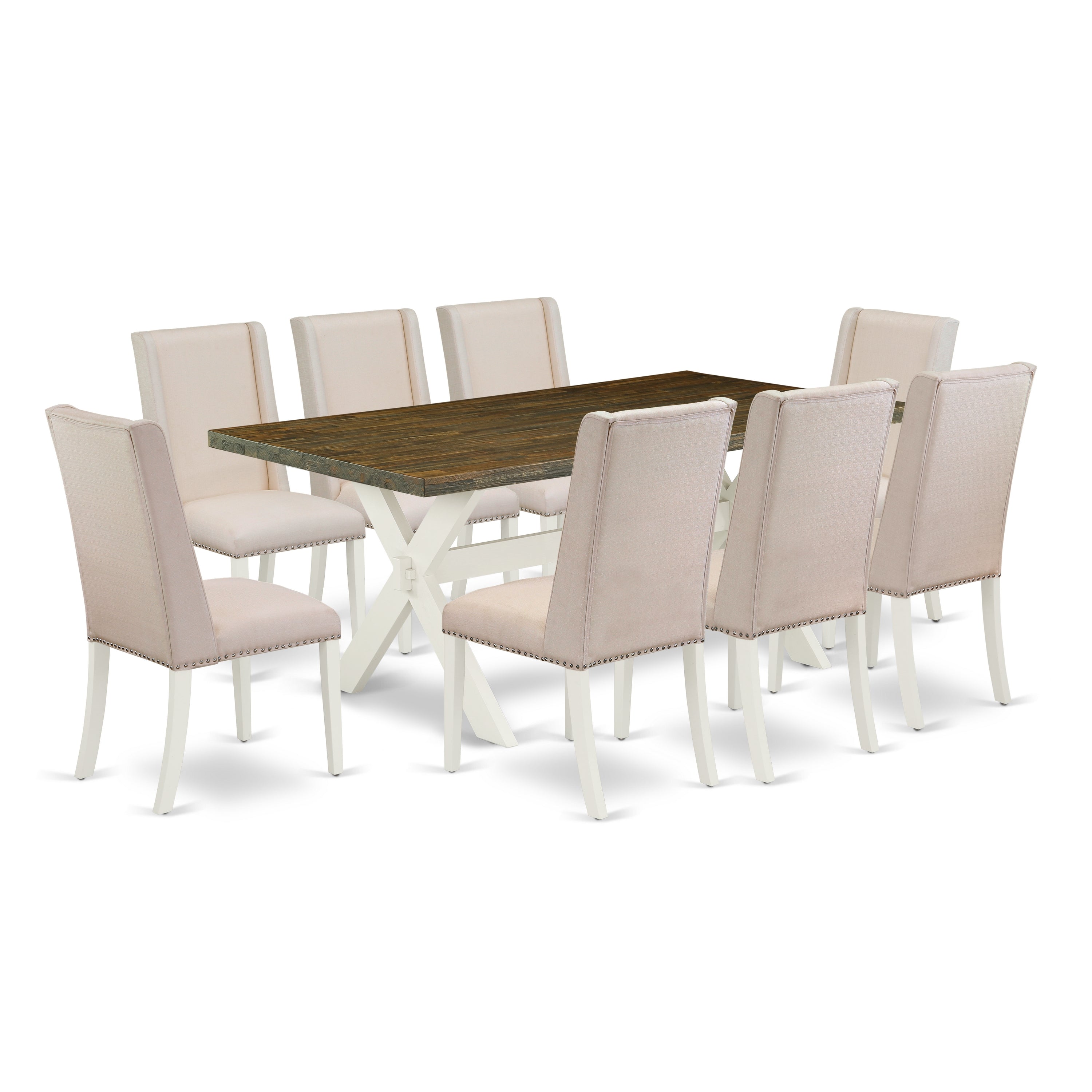 East West Furniture X077FL201-9 9-Piece kitchen table set a Fantastic Distressed Jacobean Rectangular Table top and 8 Gorgeous Parson chairs with Nail Heads and Curved Back, linen white Finish