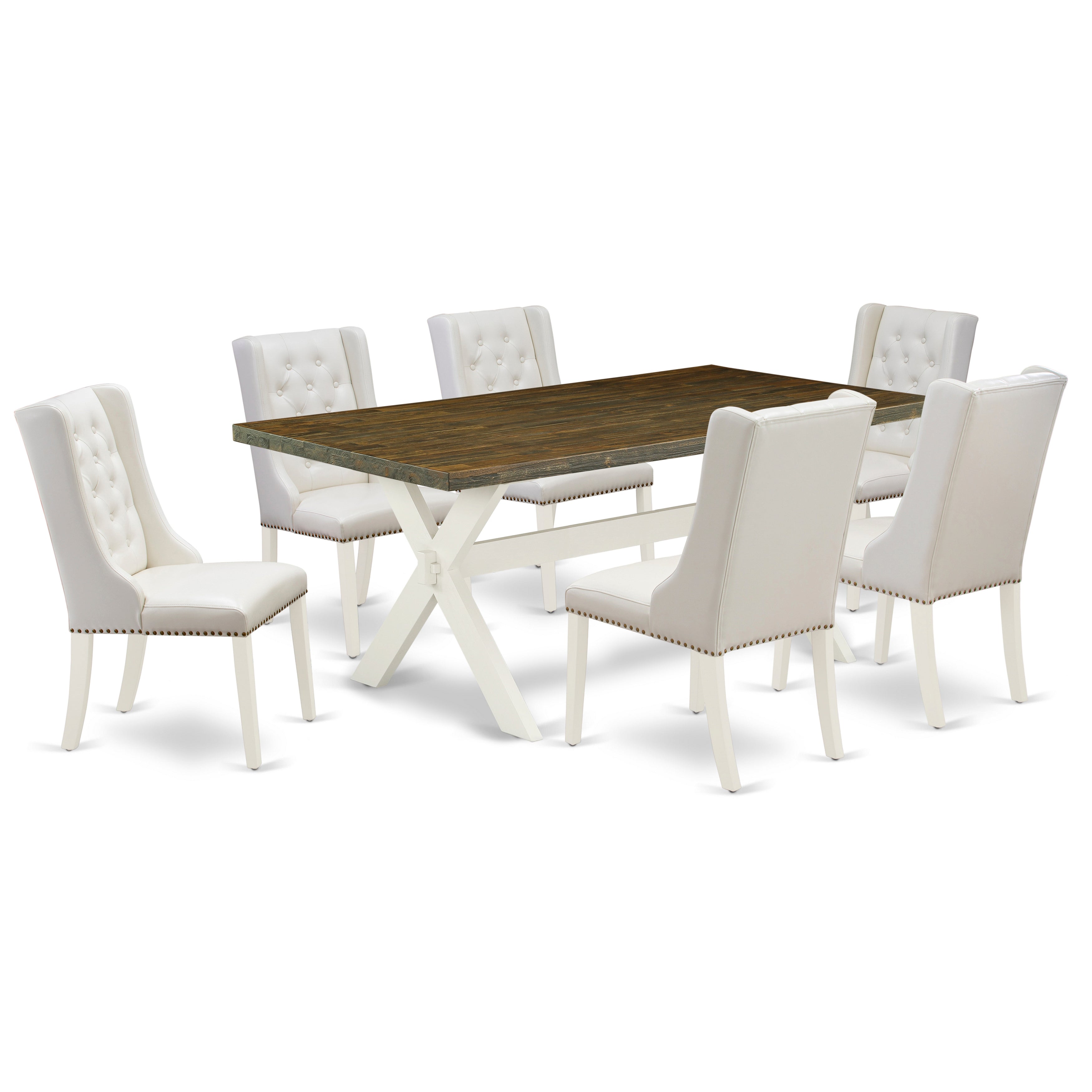 East West Furniture X077FO244-7 7-Pc Dining Table Set Includes 6 Linen white Pu faux Leather Kitchen Chair Button Tufted with Nailheads and Wood Dining Table - linen white Finish