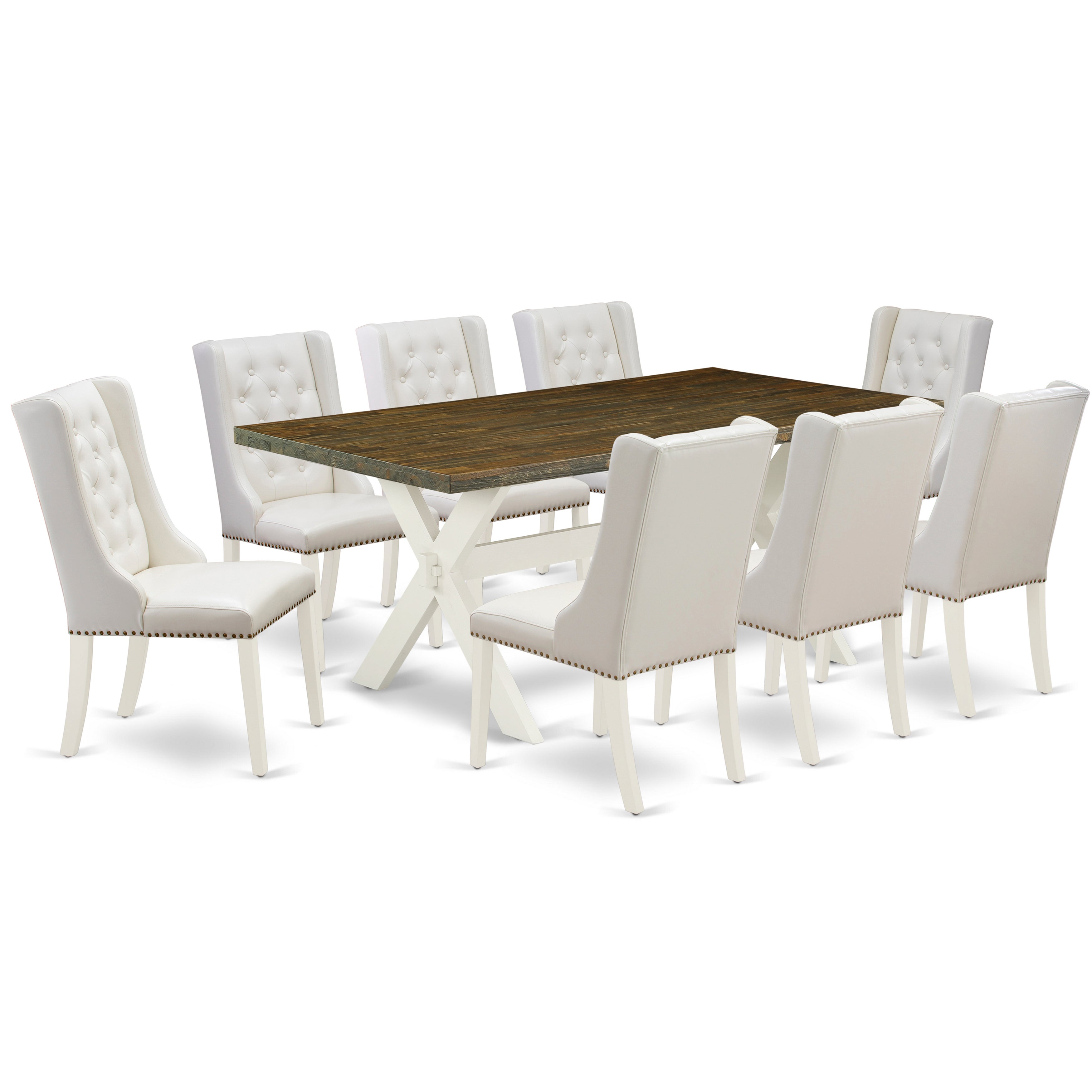 East West Furniture X077FO244-9 9-Pc Dining Room Set Contains 8 Linen white Pu faux Leather Dining Room Chair Button Tufted with Nail heads and Rectangular Dining Table - linen white Finish