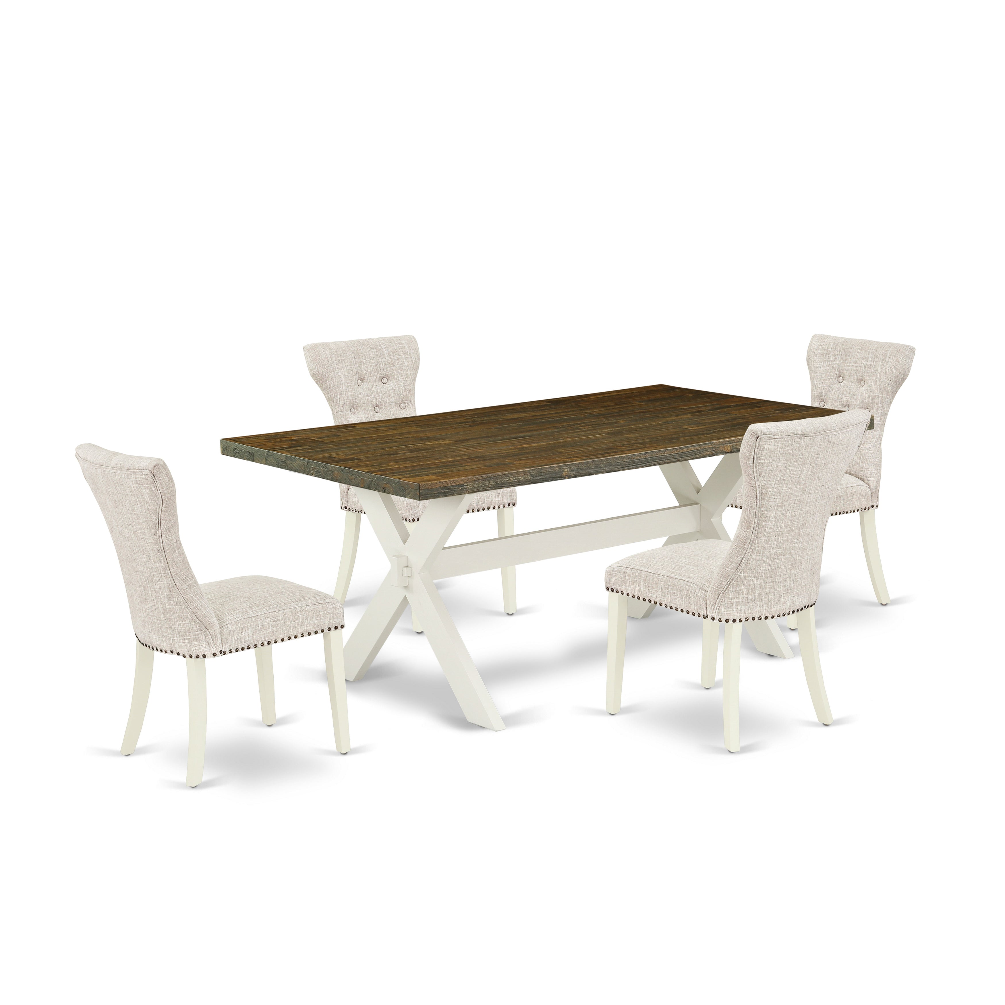 East West Furniture X077GA235-5 5-Pc Dining Table Set- 4 Parson dining room chairs with Doeskin Linen Fabric Seat and Button Tufted Chair Back - Dining Table (Distressed Jacobean Finish)