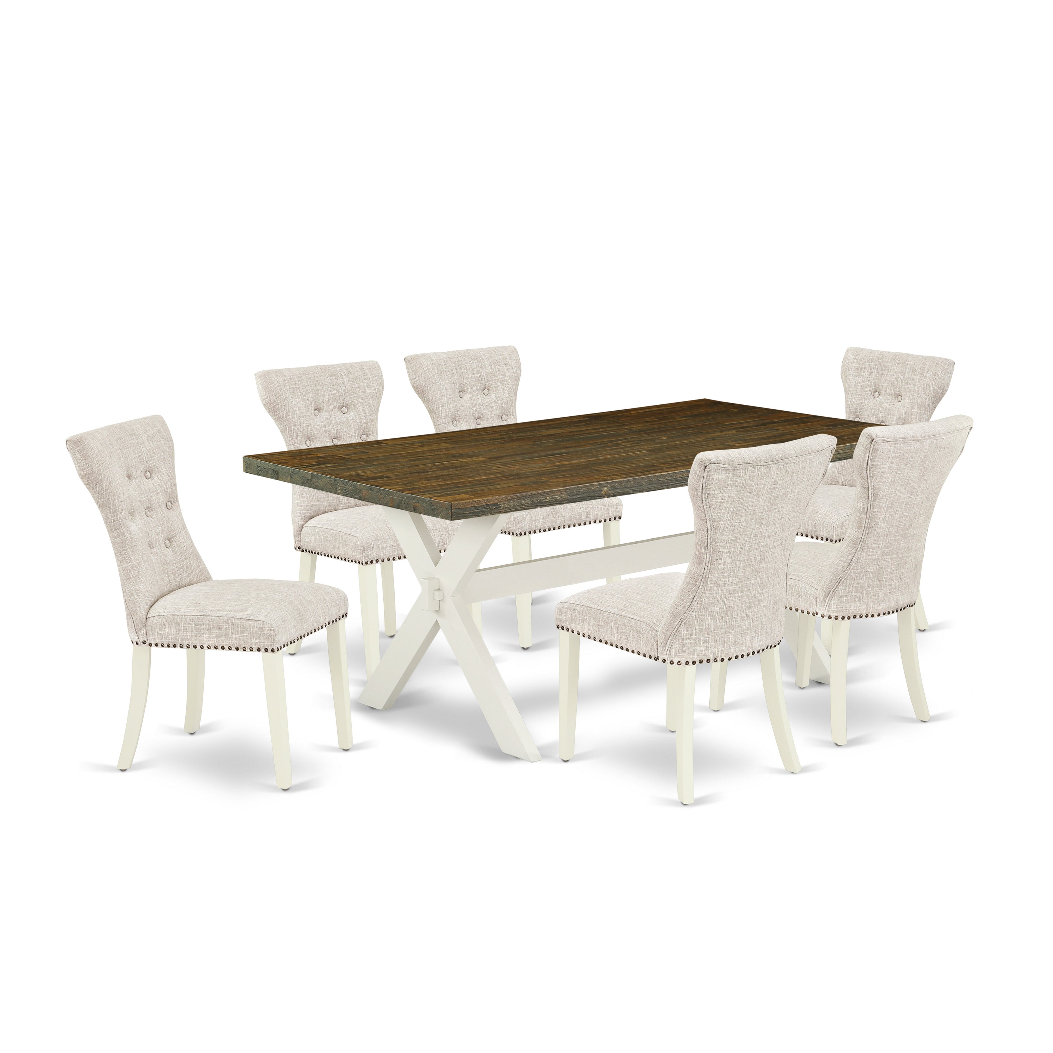 East West Furniture X077GA235-7 7-Pc Dining Room Set- 6 Parson Dining Chairs with Doeskin Linen Fabric Seat and Button Tufted Chair Back - Rectangular Table top & Wooden Cross Legs - Distressed Jacobean and linen white Finish