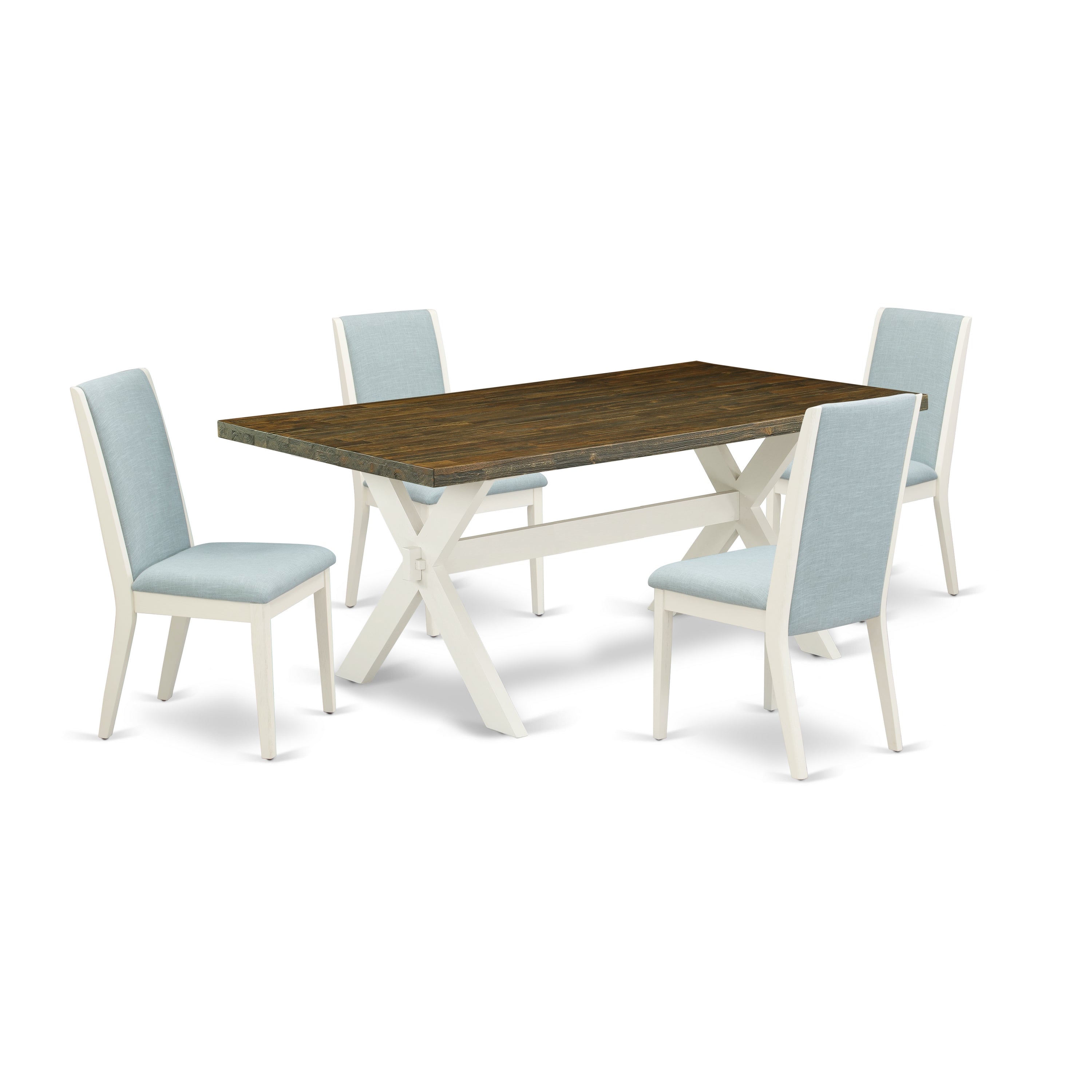 East West Furniture X077LA015-5 5Pc Dining Table set Offers a Dinette Table and 4 Upholstered Dining Chairs with Baby Blue Color Linen Fabric, Medium Size Table with Full Back Chairs, Wirebrushed Linen White and Distressed Jacobean Finish