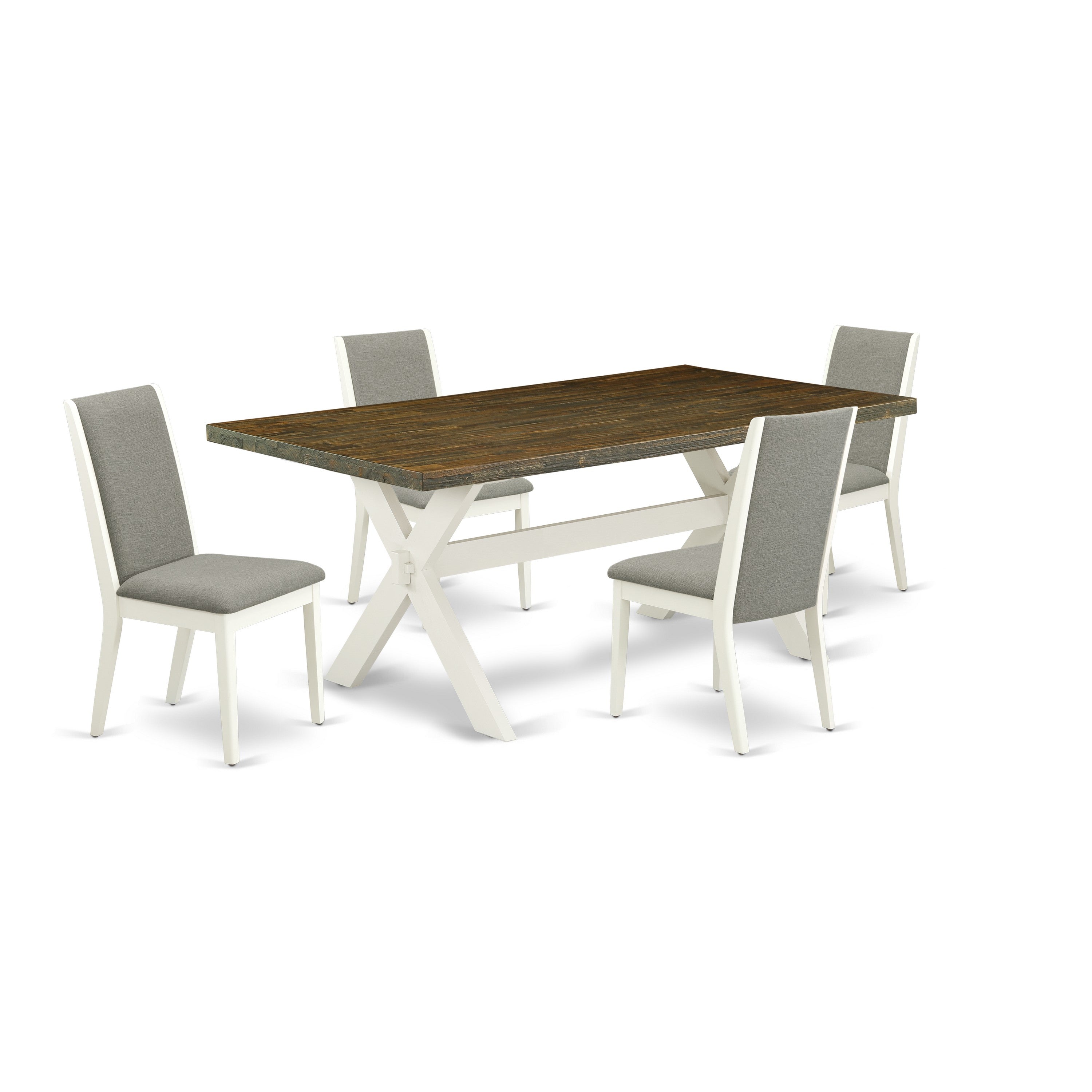 Juego de comedor de 5 piezas East West Furniture X077LA206-5 para 4 personas. Incluye una mesa de comedor rectangular con patas en forma de X y 4 sillas de comedor Parson de tela de lino Shitake.