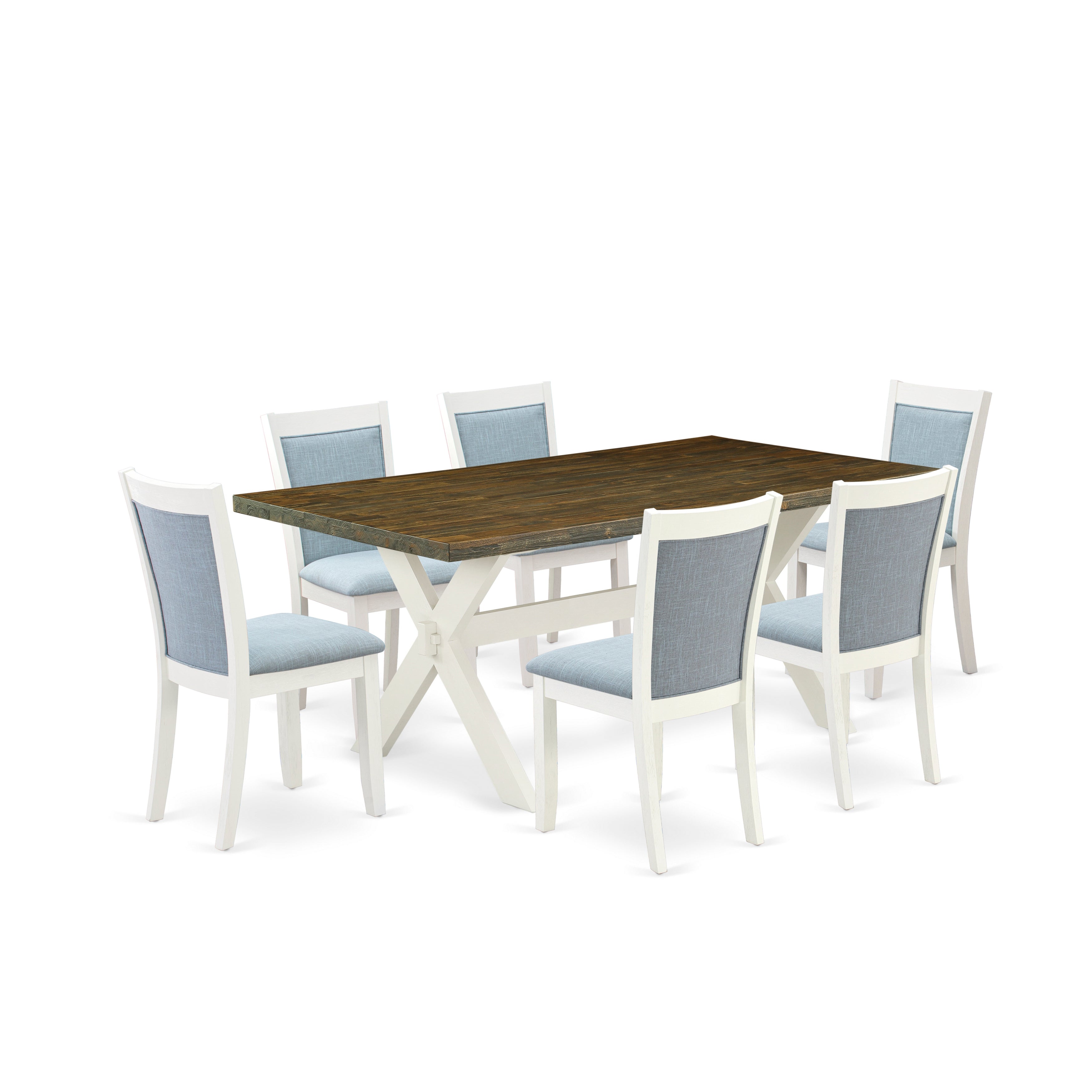 East West Furniture X077MZ015-7 7-Pc Modern Dining Table Set Contains a Mid Century Dining Table and 6 Baby Blue Linen Fabric Parson Chairs with Stylish Back - Wire Brushed linen white Finish