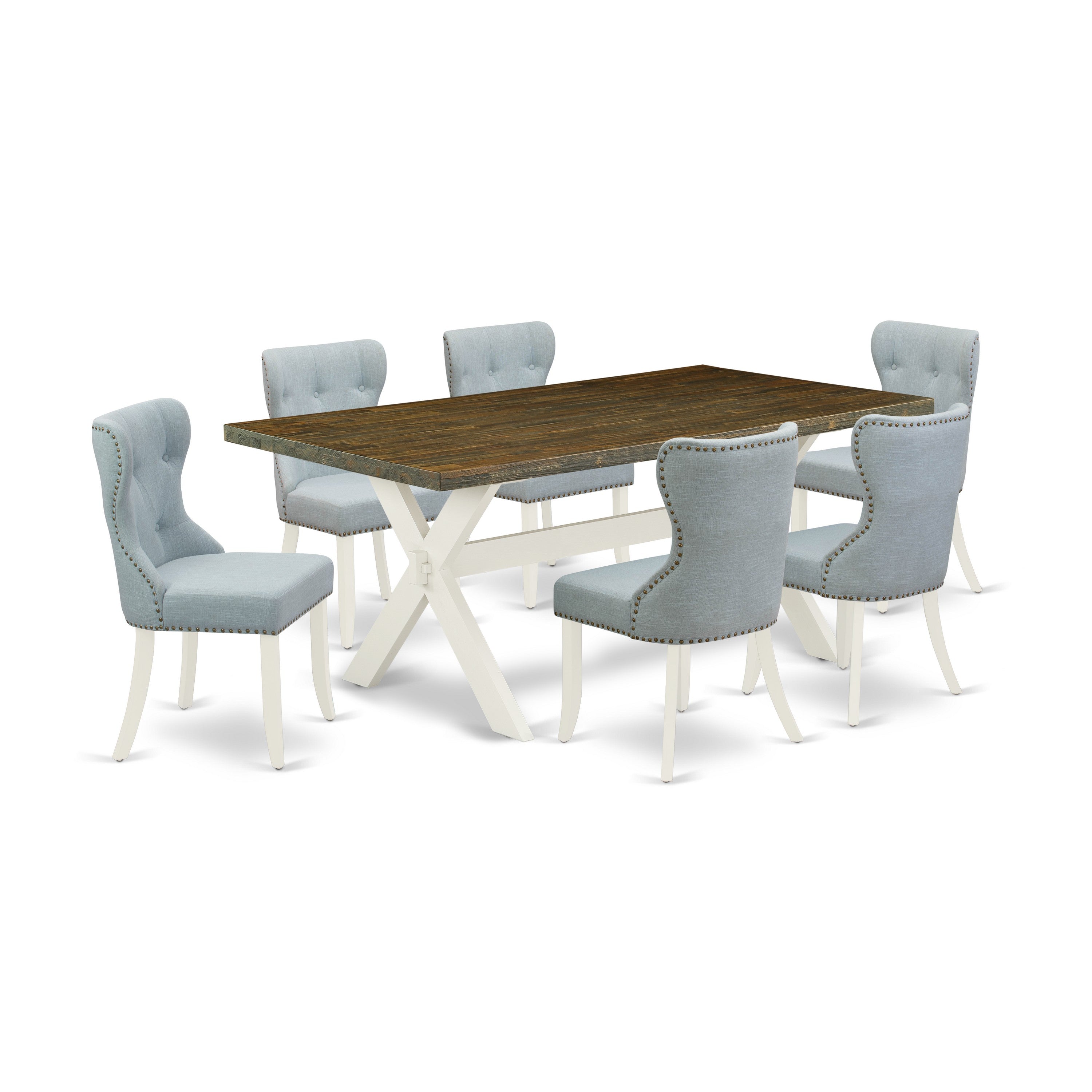 East West Furniture 7-Pc Dining Room Set- 6 Parson Chairs with Baby Blue Linen Fabric Seat and Button Tufted Chair Back - Rectangular Table top & Wooden Cross Legs - Distressed Jacobean and linen white Finish