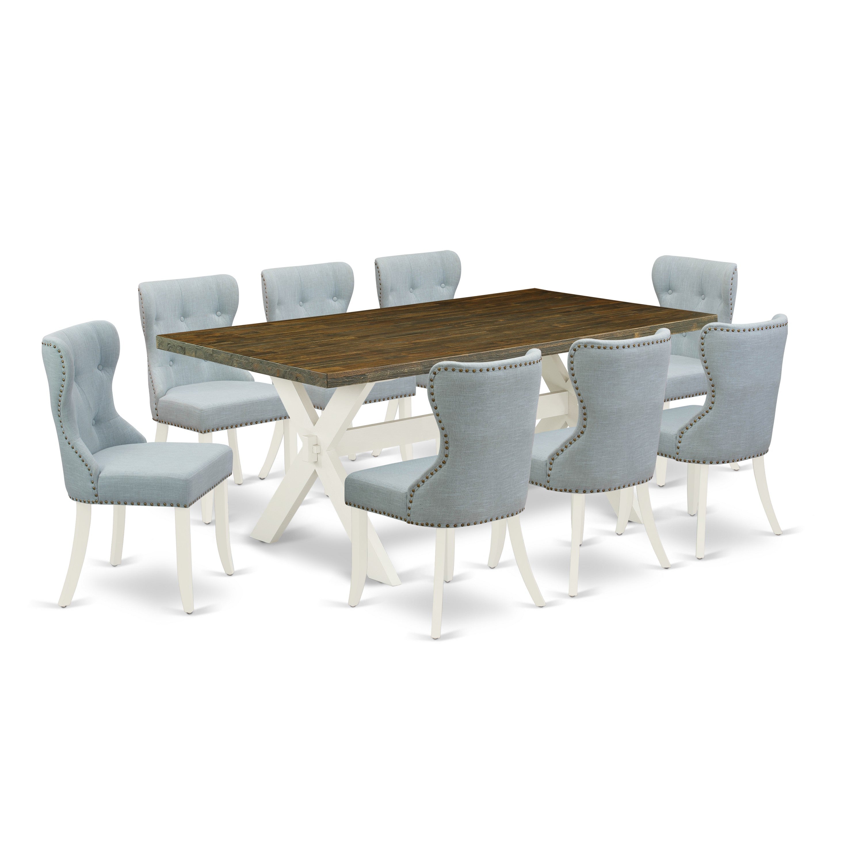 East West Furniture 9-Pc Modern Dining Table Set- 8 Parson Dining Chairs with Baby Blue Linen Fabric Seat and Button Tufted Chair Back - Rectangular Table top & Wooden Cross Legs - Distressed Jacobean and linen white Finish