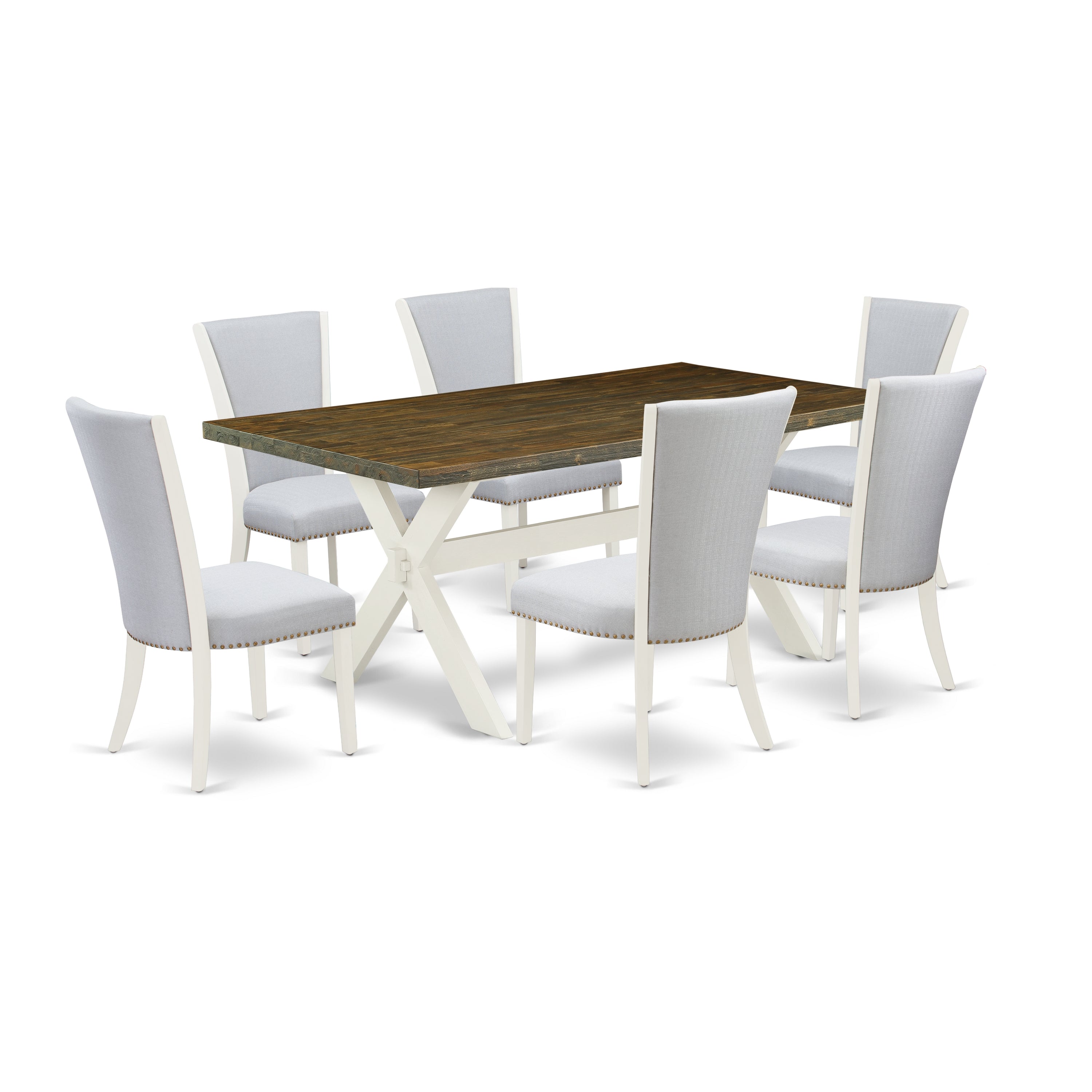 East West Furniture 7-Piece Dinette Set Includes 6 Mid Century Chairs with Upholstered Seat -Rectangular Rectangular Dining Table - Distressed Jacobean and Wirebrushed Linen White Finish