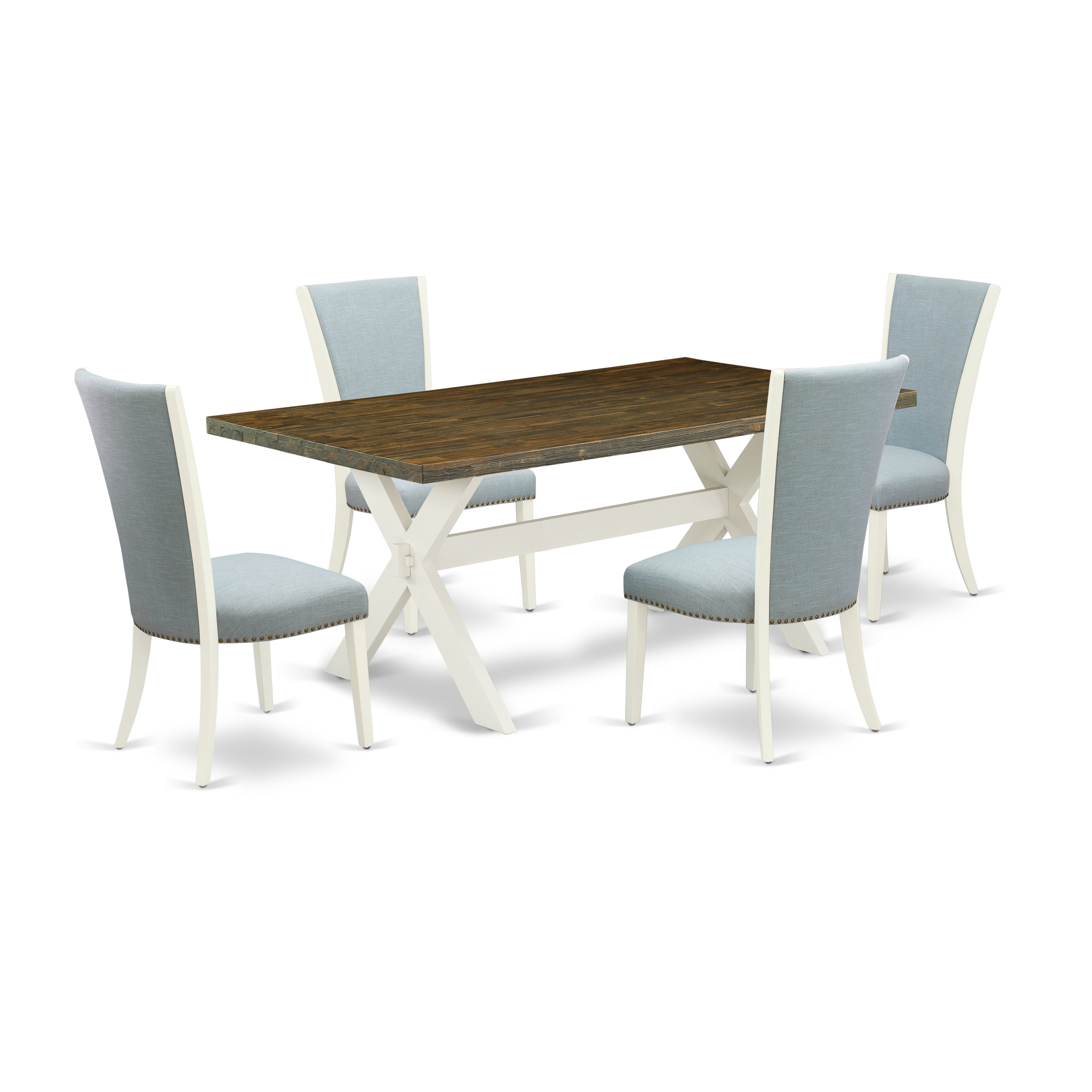 East West Furniture X077VE215-5 5 Piece Kitchen Table Set - 4 Baby Blue Linen Fabric Dinning Room Chairs with Nailheads and Distressed Jacobean Wooden Table - linen white Finish