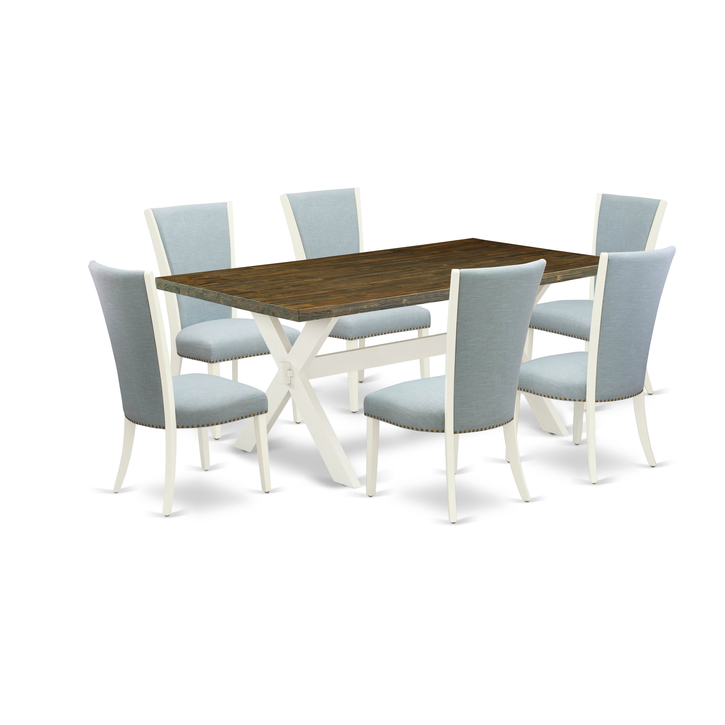 East West Furniture X077VE215-7 7 Piece Dining Room Set - 6 Baby Blue Linen Fabric Dining Room Chair with Nail Heads and Distressed Jacobean Dining Table - linen white Finish