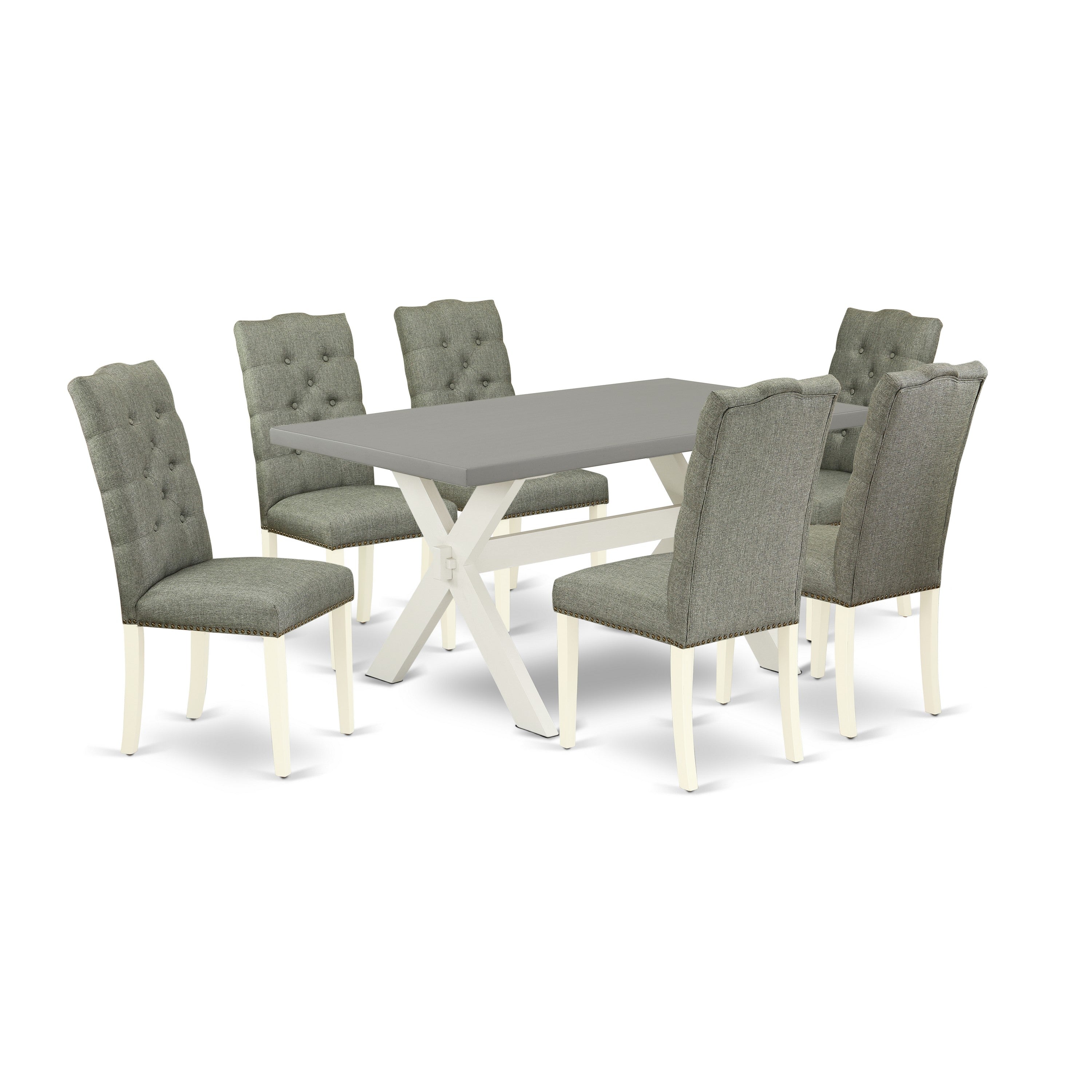 East West Furniture X096EL207-7 7-Piece Modern Dining Set- 6 Upholstered Dining Chairs with Smoke Linen Fabric Seat and Button Tufted Chair Back - Rectangular Table top & Wooden Cross Legs - Cement and linen white Finish