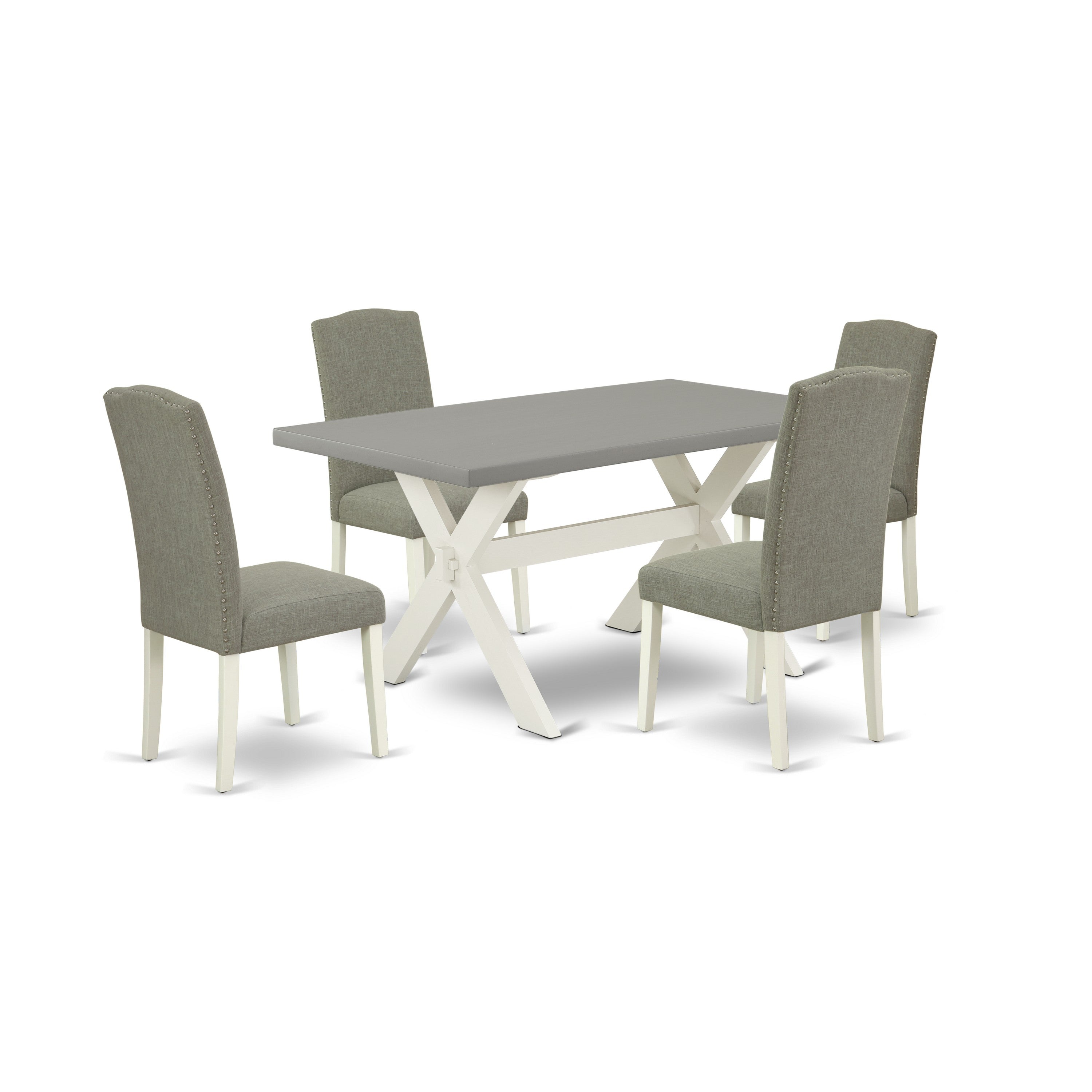 Juego de mesa de comedor de 5 piezas East West Furniture X096EN206-5. Incluye una mesa de cocina rectangular con patas en forma de X y 4 sillas de comedor Parsons de tela de lino shitake oscuro.