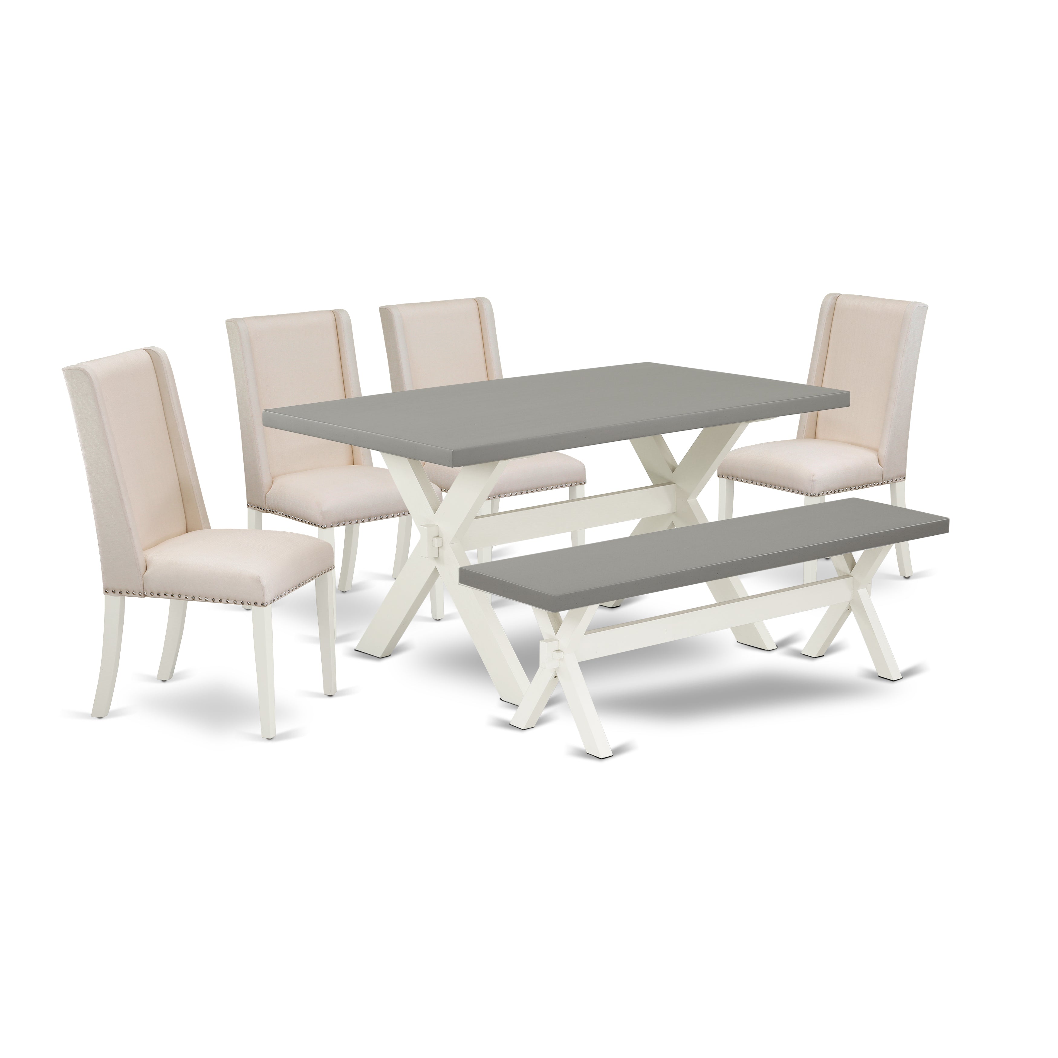East West Furniture X096FL201-6 6-Piece Dining Room Table Set with Dining Table and Small Bench - 4 Linen Fabric Parson dining room chairs (linen white Finish)