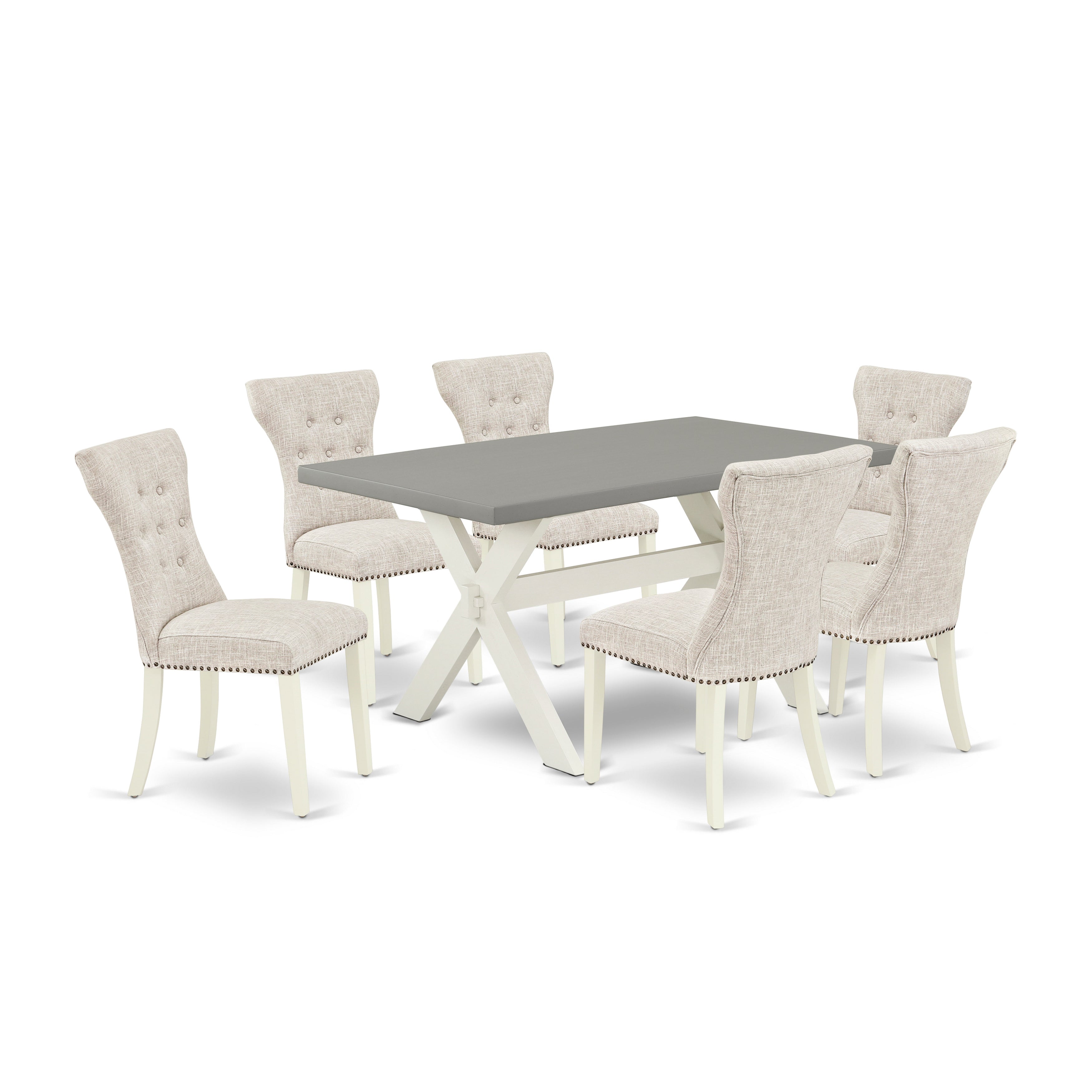 East West Furniture X096GA235-7 7-Pc Dining Room Table Set- 6 Parson dining room chairs with Doeskin Linen Fabric Seat and Button Tufted Chair Back - Rectangular Table top & Wooden Cross Legs - Cement and linen white Finish