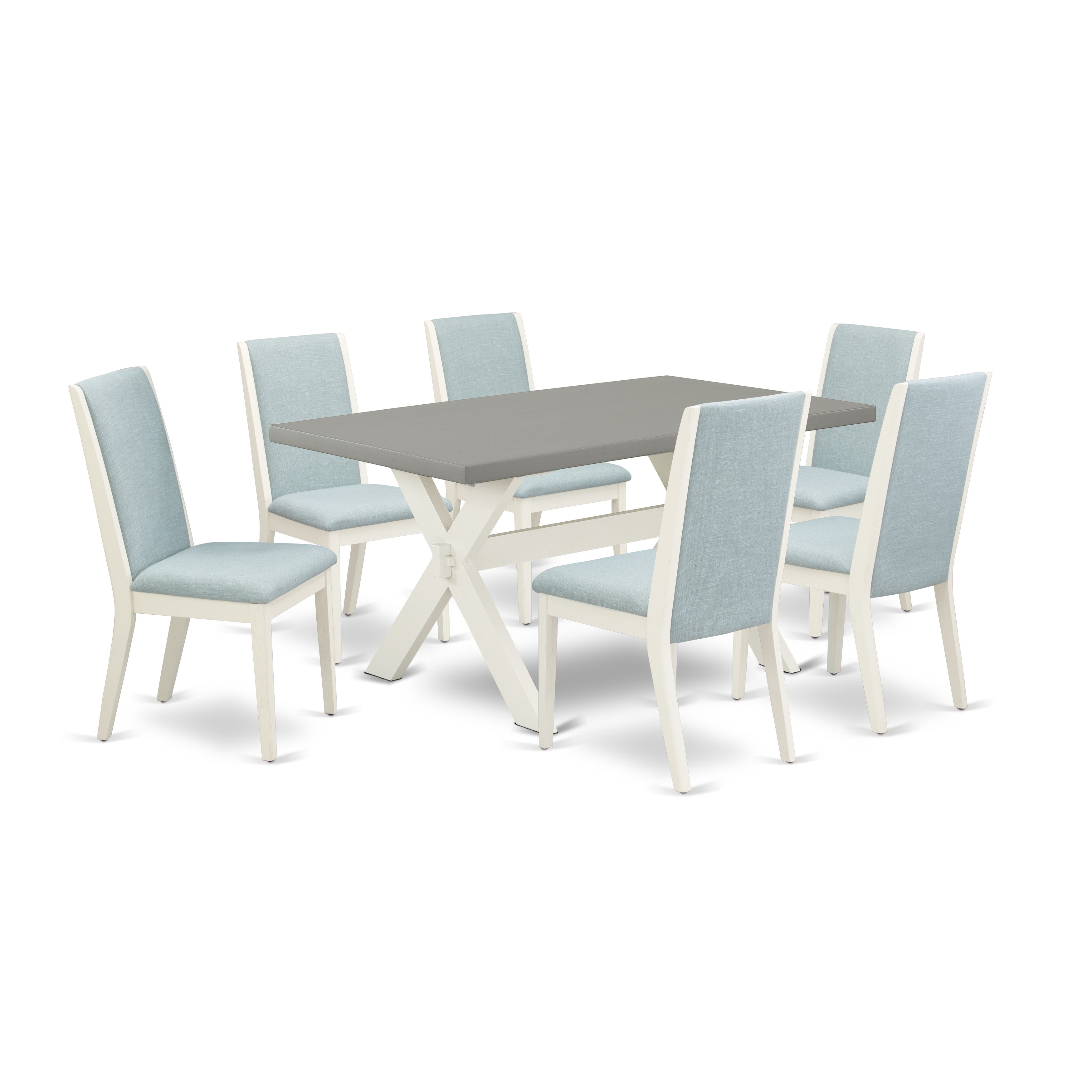 East West Furniture X096LA015-7 7Pc Modern Dining Table Set Includes a Dinette Table and 6 Parson Chairs with Baby Blue Color Linen Fabric, Medium Size Table with Full Back Chairs, Wirebrushed Linen White and Cement Finish