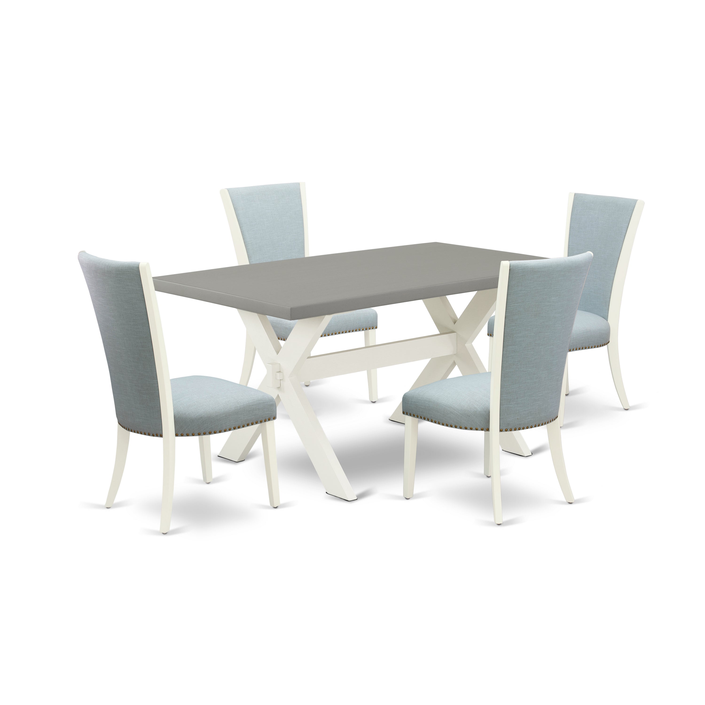East West Furniture X096VE215-5 5 Piece Dining Table Set - 4 Baby Blue Linen Fabric Parson Dining Chairs with Nailheads and Cement Wooden Dining Table - linen white Finish