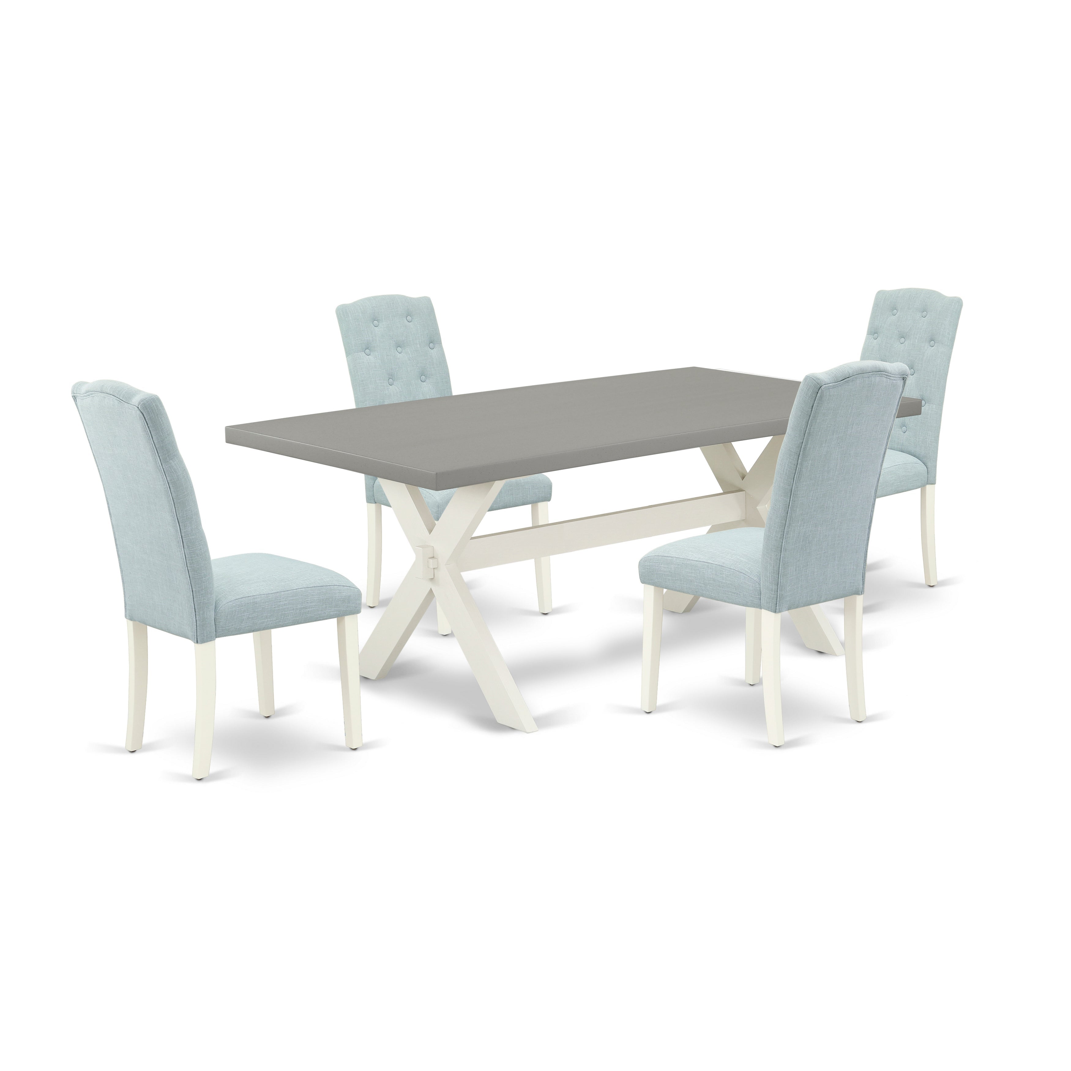 East West Furniture X097CE215-5 5-Pc Dining Room Table Set- 4 Parson Chairs with Baby Blue Linen Fabric Seat and Button Tufted Chair Back - Rectangular Table - Cement Finish