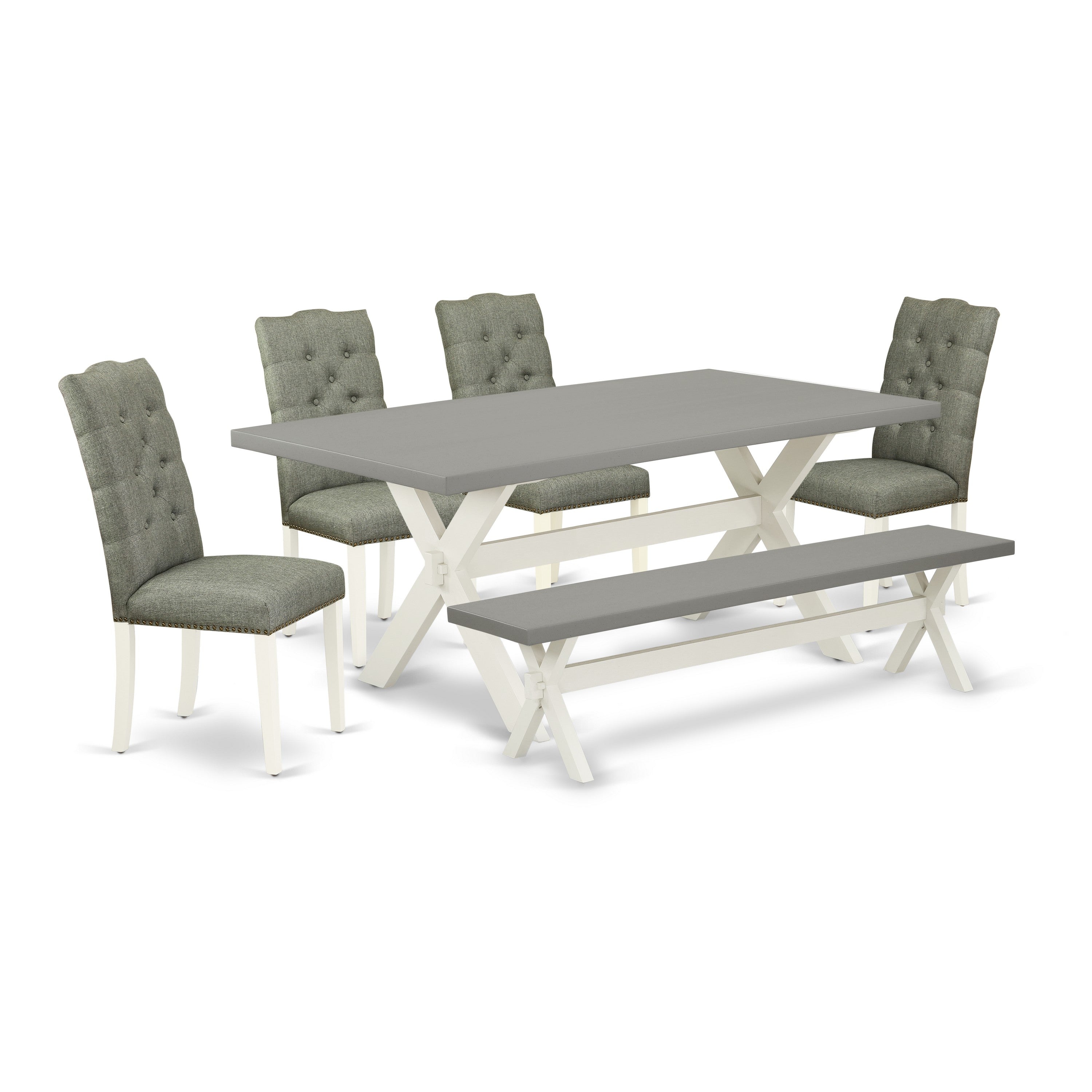 East West Furniture X097EL207-6 6-Pc Dinette Room Set- 4 Parson Chairs with Smoke Linen Fabric Seat and Button Tufted Chair Back - Rectangular top & Wooden Cross Legs Dining Room Table and Small Bench - Cement and linen white Finish