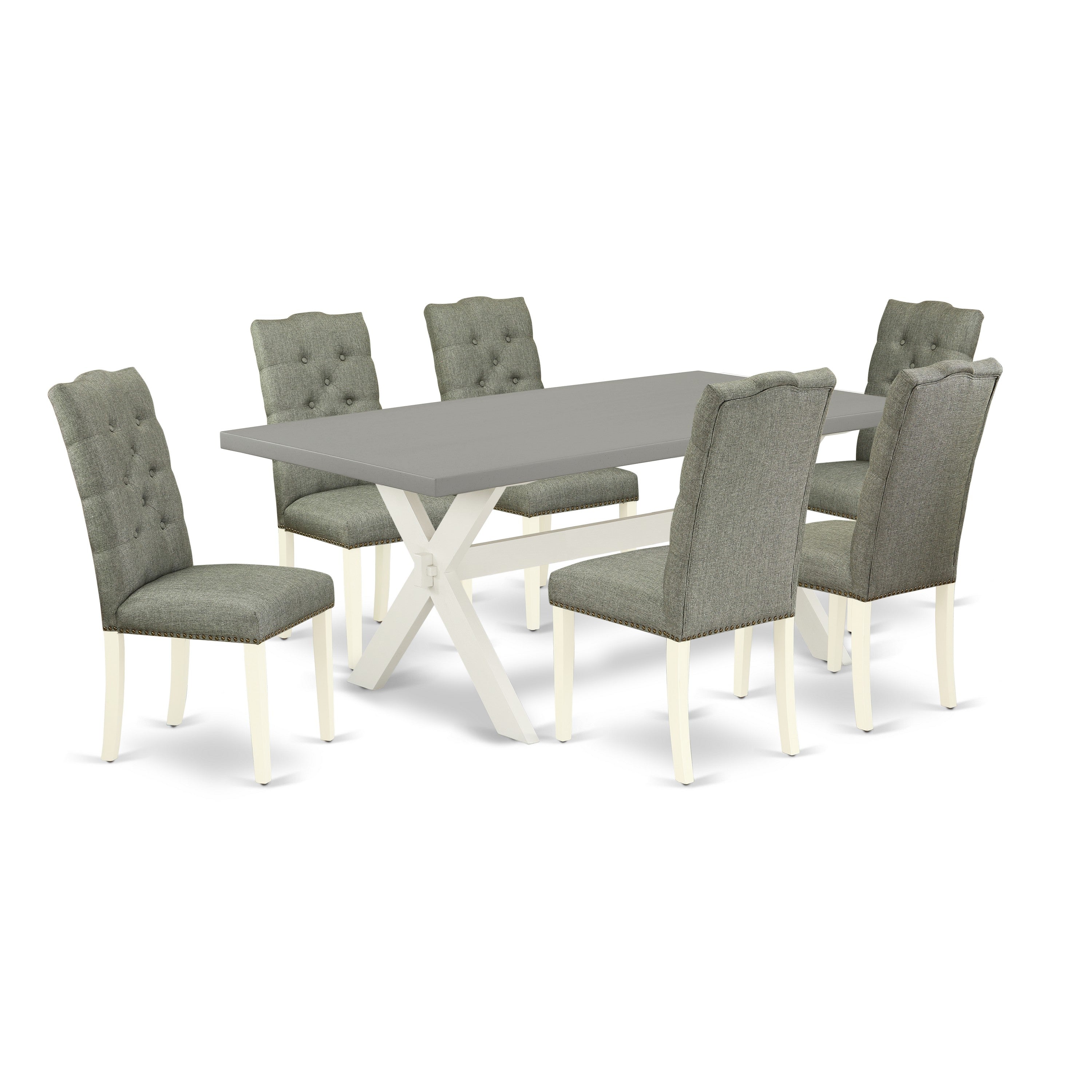 East West Furniture X097EL207-7 7-Pc Kitchen Dining Room Set- 6 padded parson chairs with Smoke Linen Fabric Seat and Button Tufted Chair Back - Rectangular Table top & Wooden Cross Legs - Cement and linen white Finish