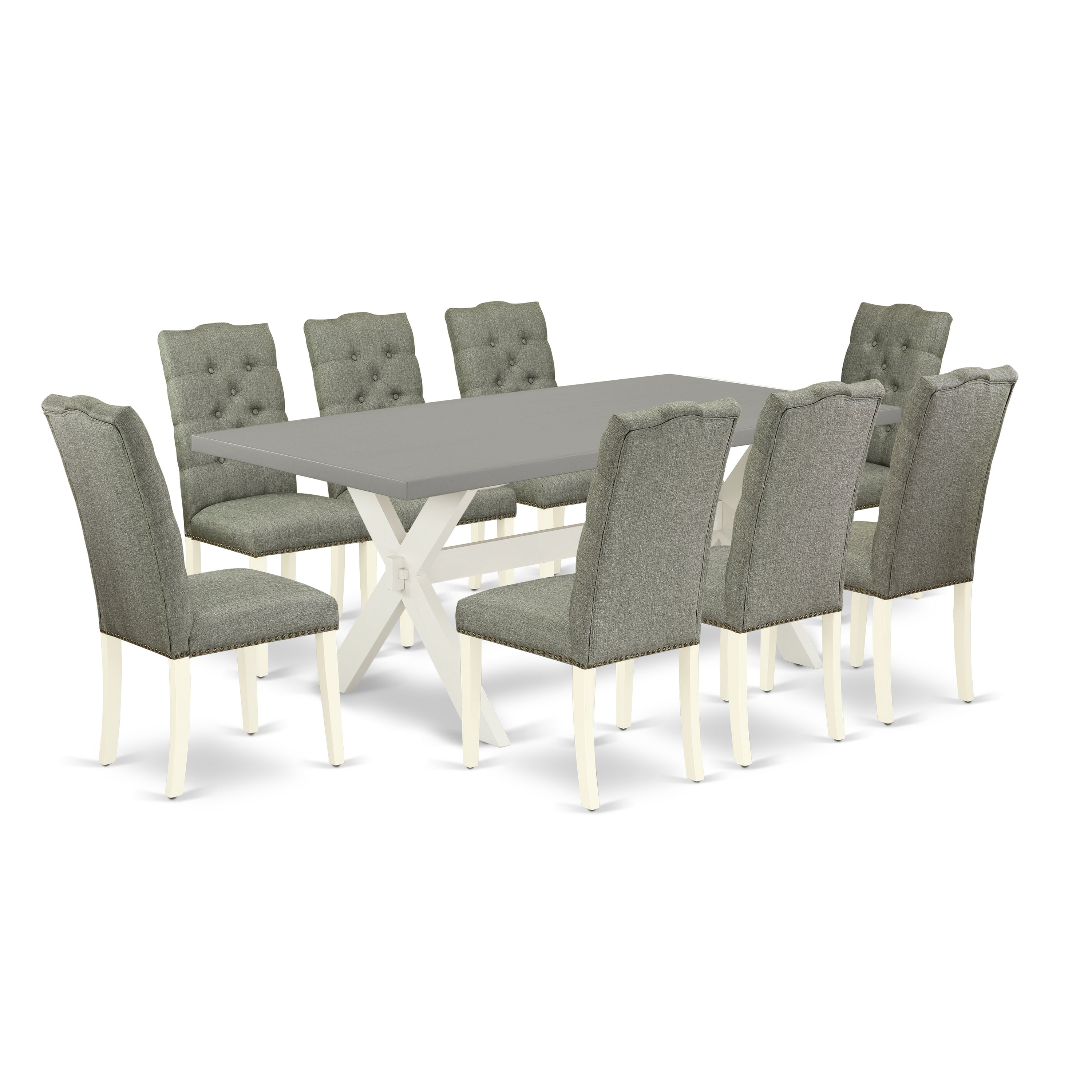 Juego de comedor de 9 piezas East West Furniture X097EL207-9. Incluye una mesa de comedor rectangular con patas en forma de X y 8 sillas Parson tapizadas en tela de lino gris.