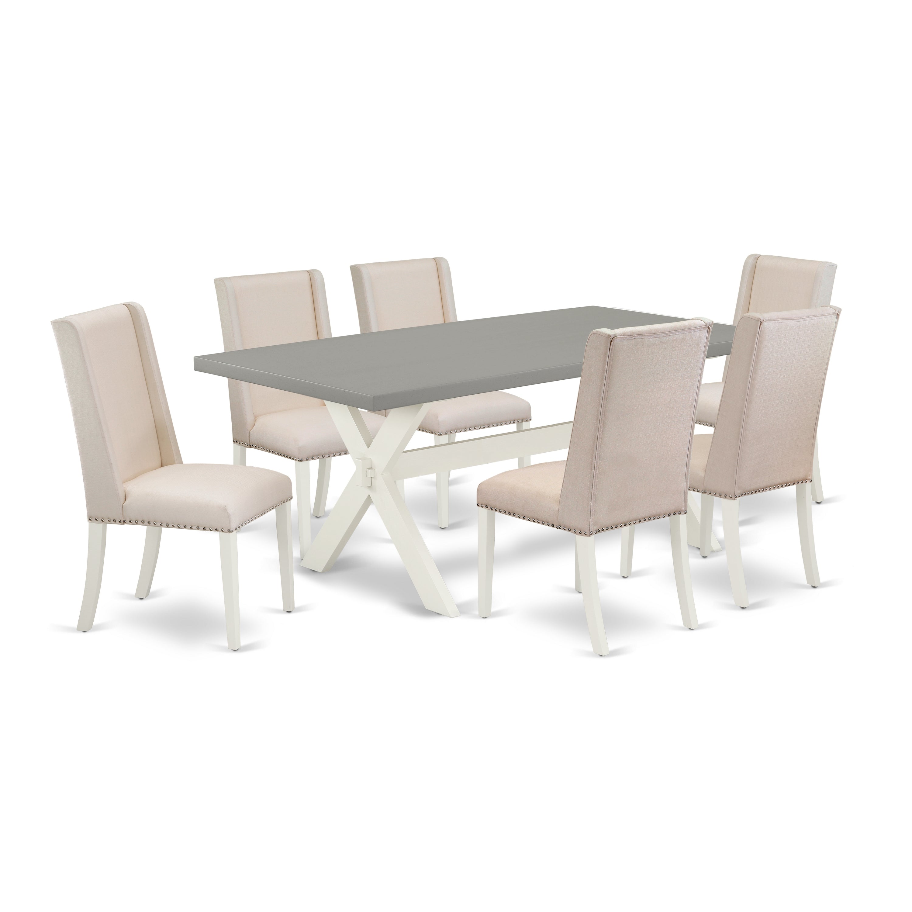 Juego de mesa de comedor moderna de 7 piezas East West Furniture X097FL201-7. Incluye una mesa rectangular de madera con patas en forma de X y 6 sillas de comedor Parson de tela de lino color crema.