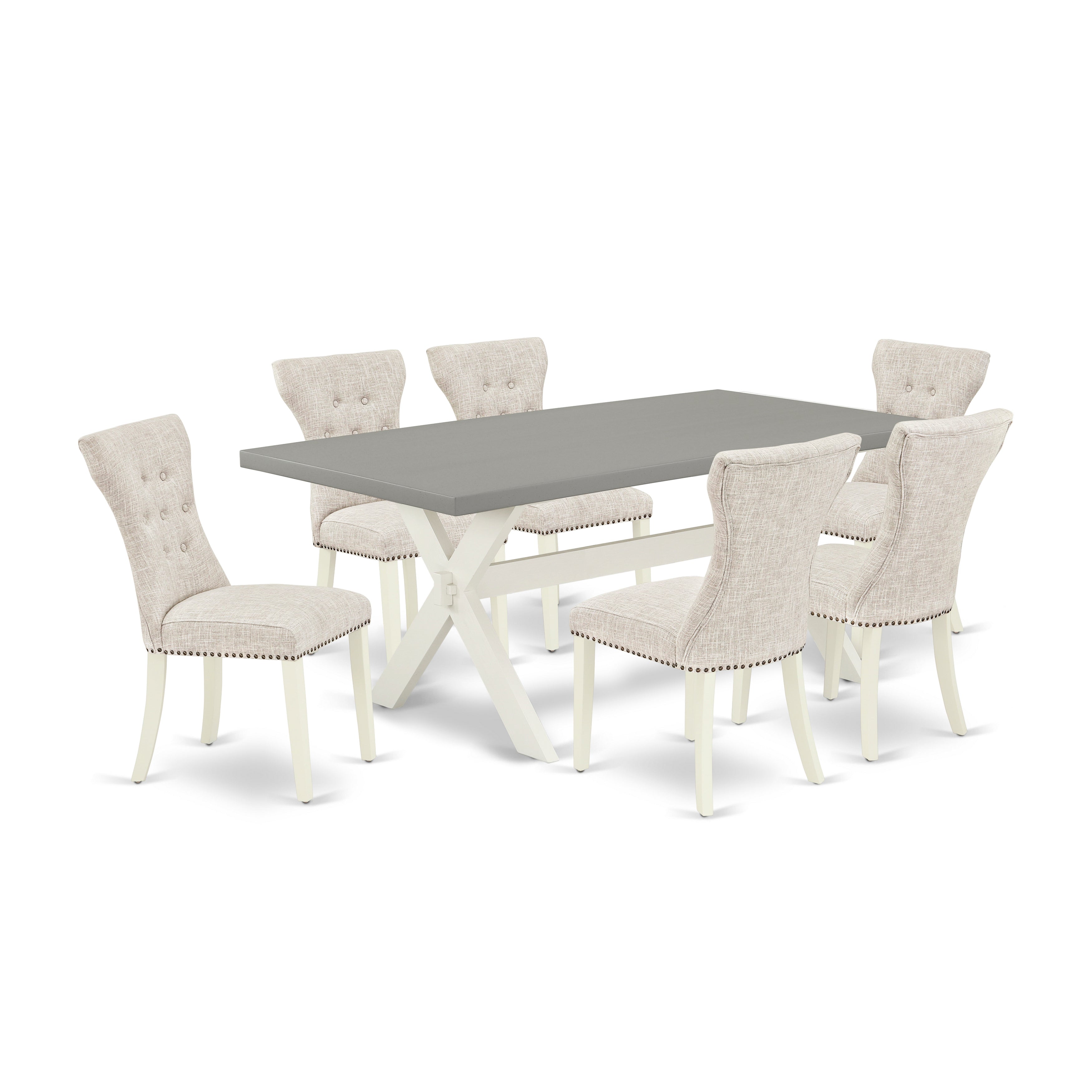 East West Furniture X097GA235-7 7-Piece Kitchen Dining Set- 6 Dining Padded Chairs with Doeskin Linen Fabric Seat and Button Tufted Chair Back - Rectangular Table top & Wooden Cross Legs - Cement and linen white Finish