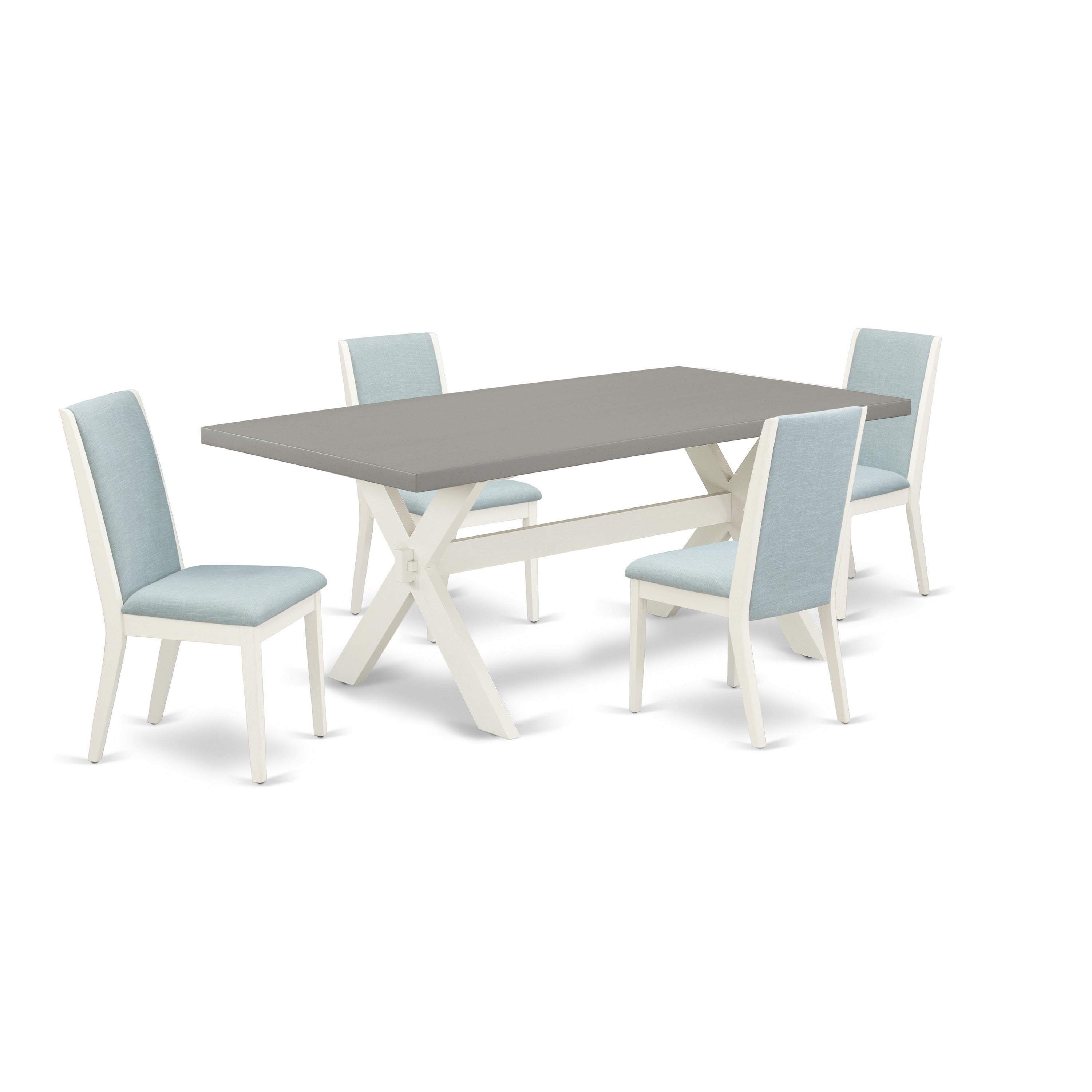 East West Furniture X097LA015-5 Juego de mesa de cocina de 5 piezas para 4 personas. Incluye una mesa de comedor rectangular con patas en forma de X y 4 sillas tapizadas en tela de lino azul bebé.