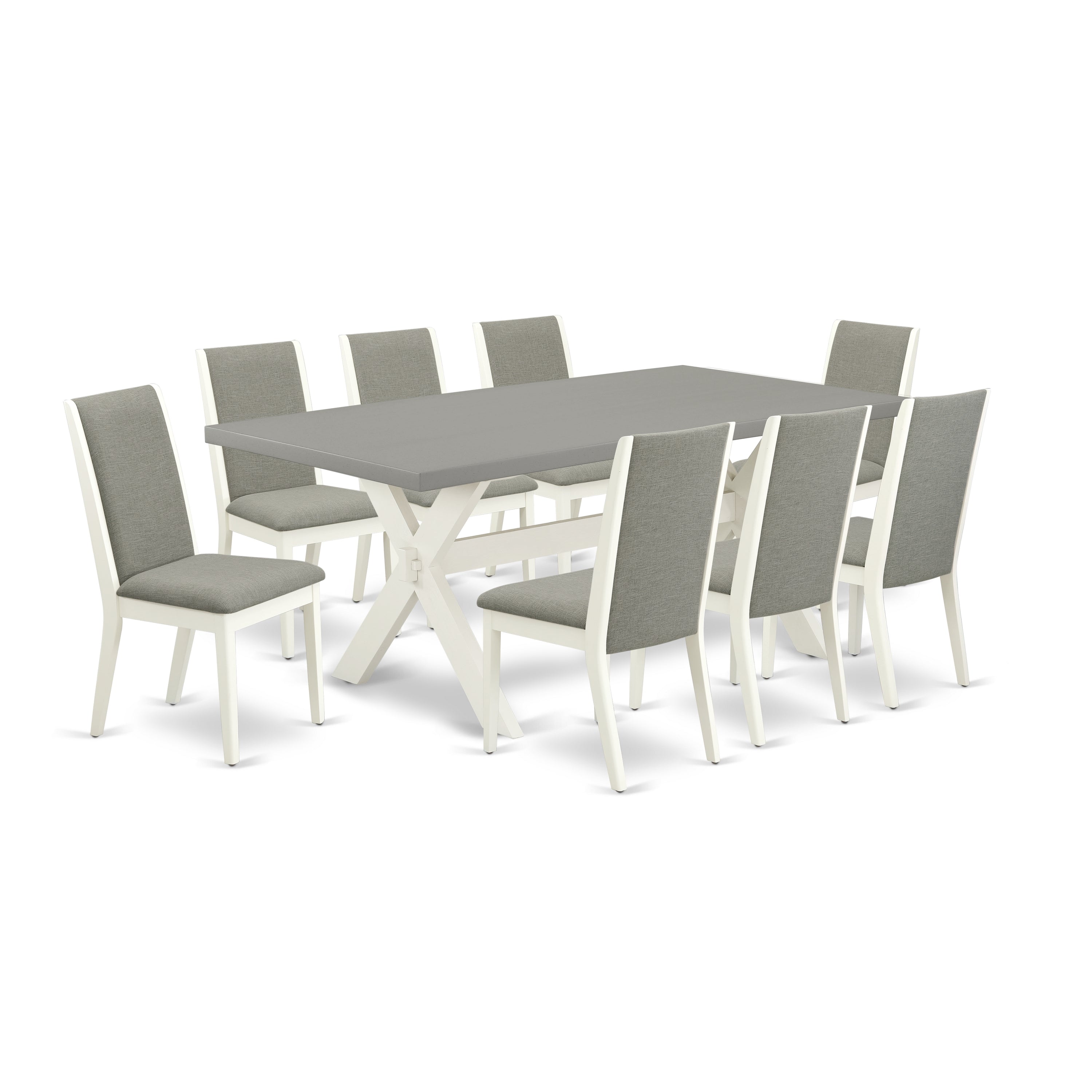 East West Furniture X097LA206-9 9-Piece Dining Room Table Set with Dining Room Table - 8 Linen Fabric Parson Dining Chairs (linen white Finish)