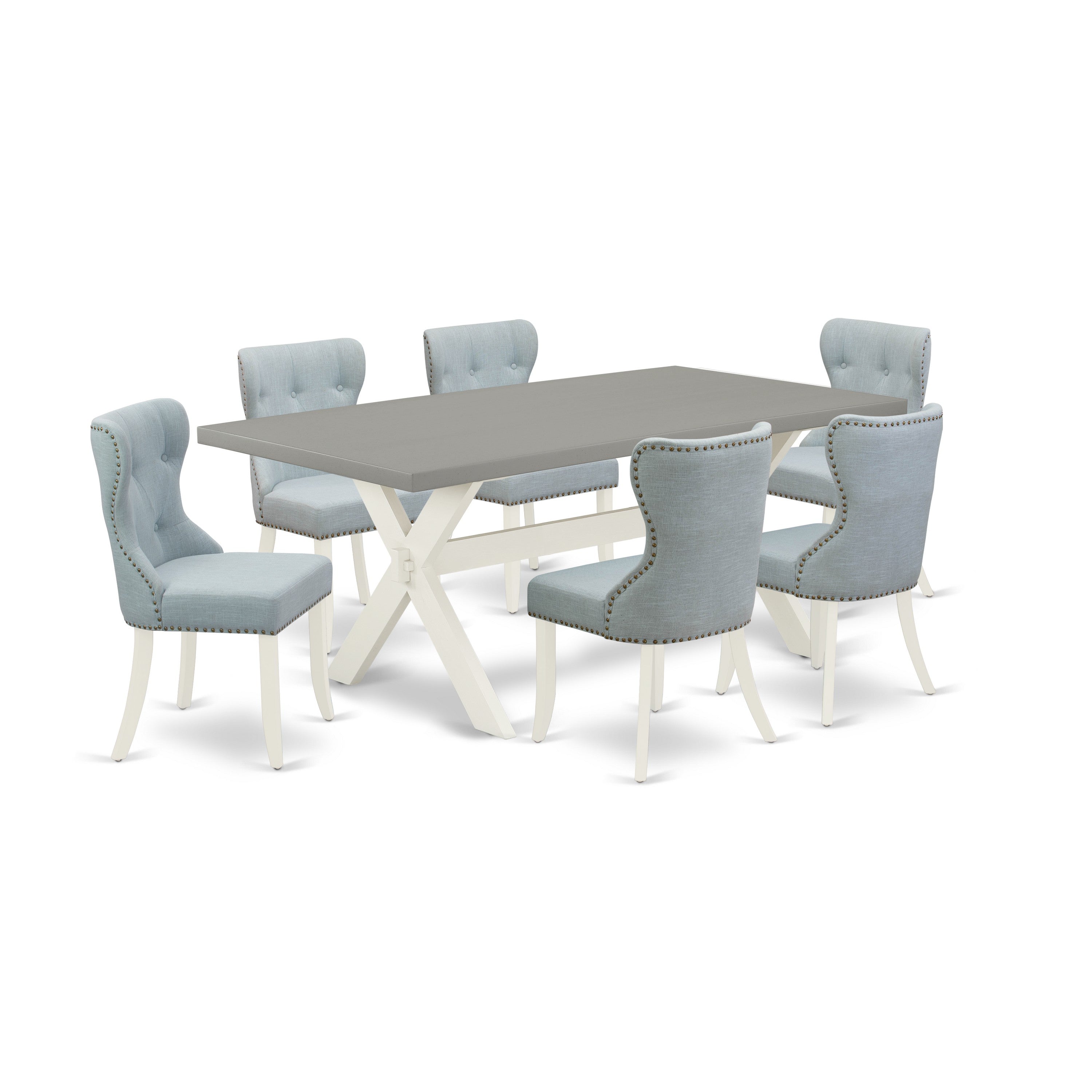 East West Furniture 7-Piece Dining Room Table Set- 6 Upholstered Dining Chairs with Baby Blue Linen Fabric Seat and Button Tufted Chair Back - Rectangular Table top & Wooden Cross Legs - Cement and linen white Finish