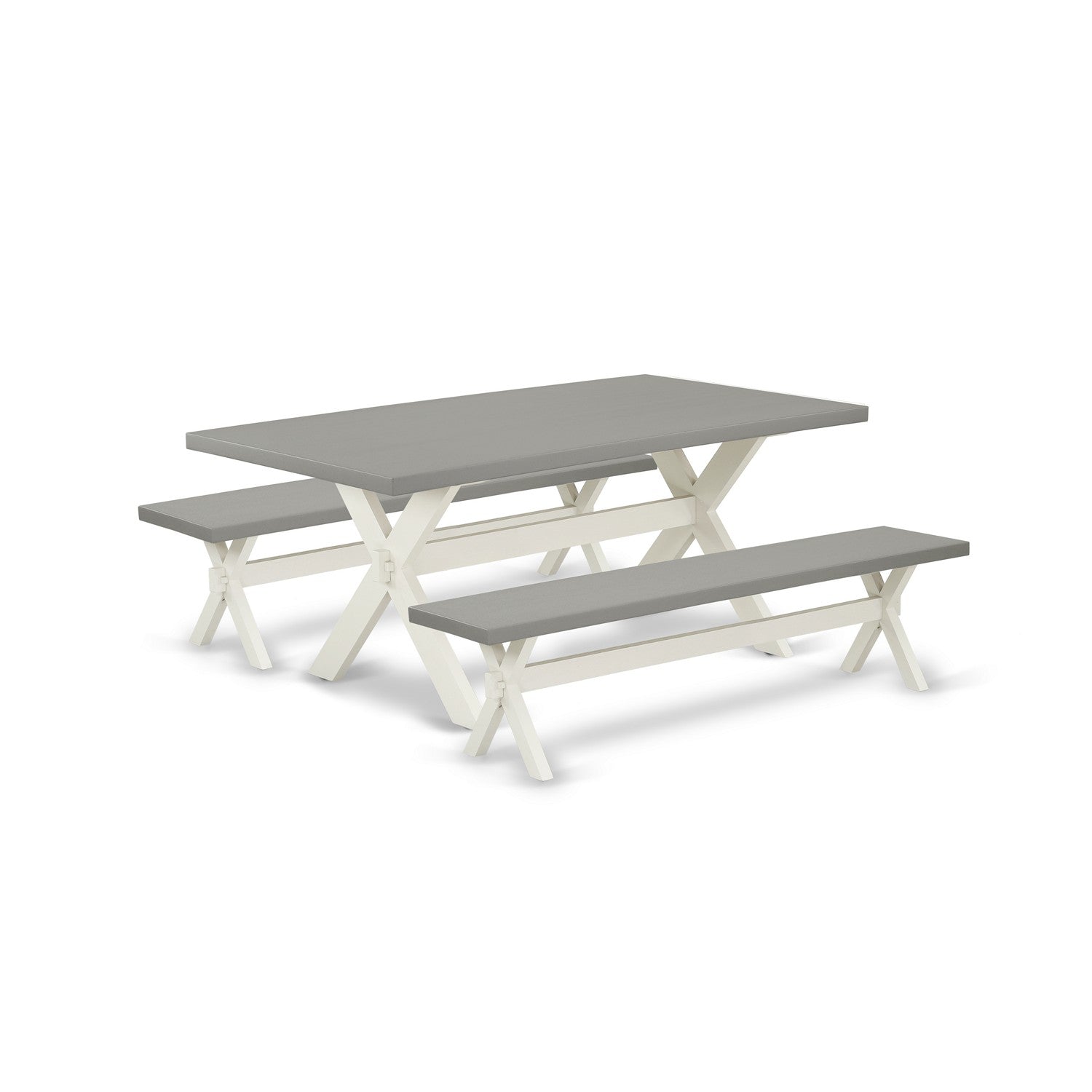 East West Furniture X2-097 3 Piece Table Set - 1 Dining Room Table and 2 Bench for Dining Room Table - Stable and Sturdy Construction - Cement Table top and linen white base Finish