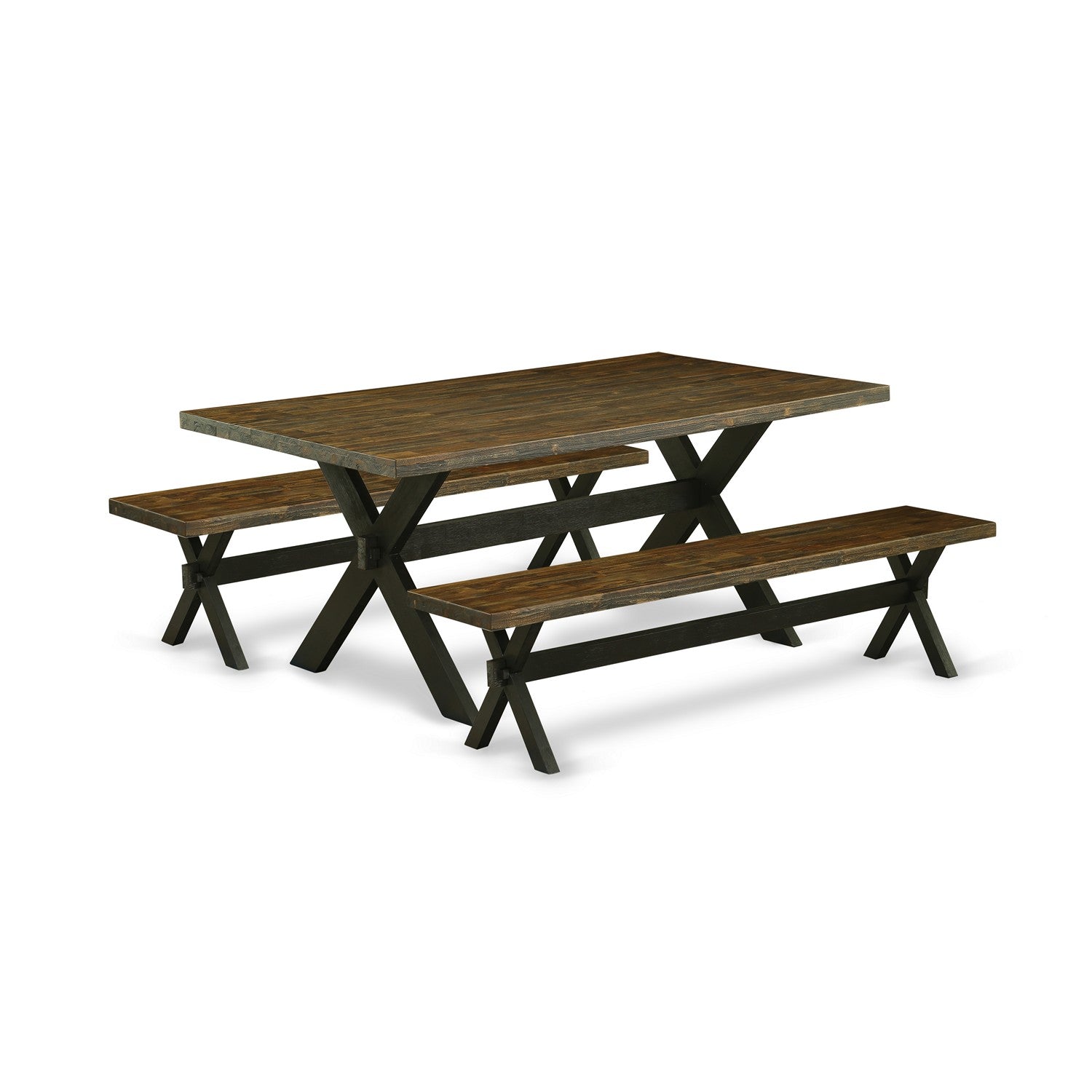 East West Furniture X2-677 3 Pc Dining Room Set - 1 Small Kitchen Table and 2 Small Wooden Benches - Reliable and Sturdy Constructed - Distressed Jacobean Table top and Wire Brushed Black base Finish