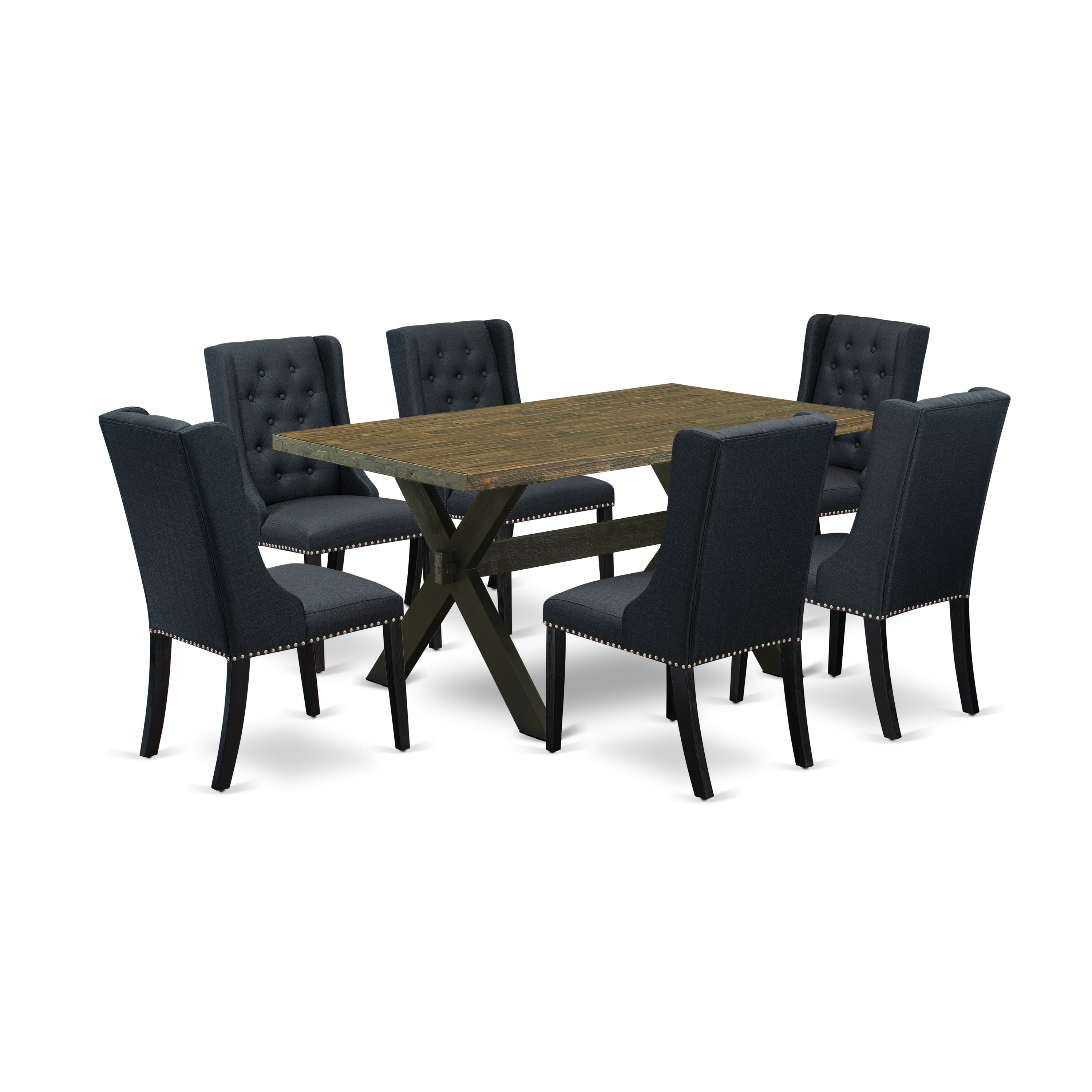 Juego de mesa de comedor de 7 piezas East West Furniture X676FO624-7 compuesto por una mesa de comedor rectangular con patas en forma de X y 6 sillas Parson tapizadas en tela de lino negro.