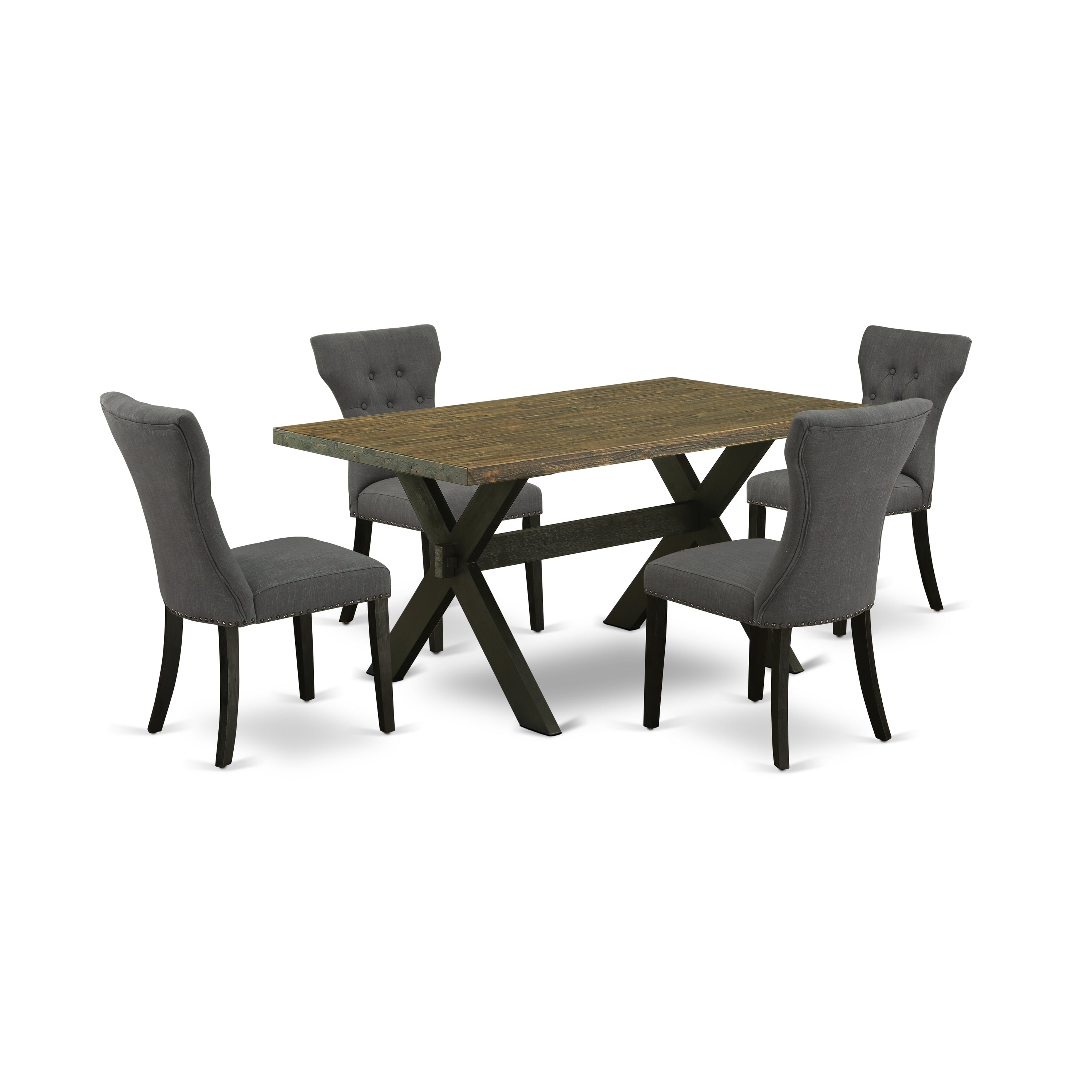 El juego de mesa de comedor de 5 piezas East West Furniture X676GA650-5 incluye una mesa de cocina rectangular con patas en forma de X y 4 sillas de comedor Parson de tela de lino Gotham oscuro.