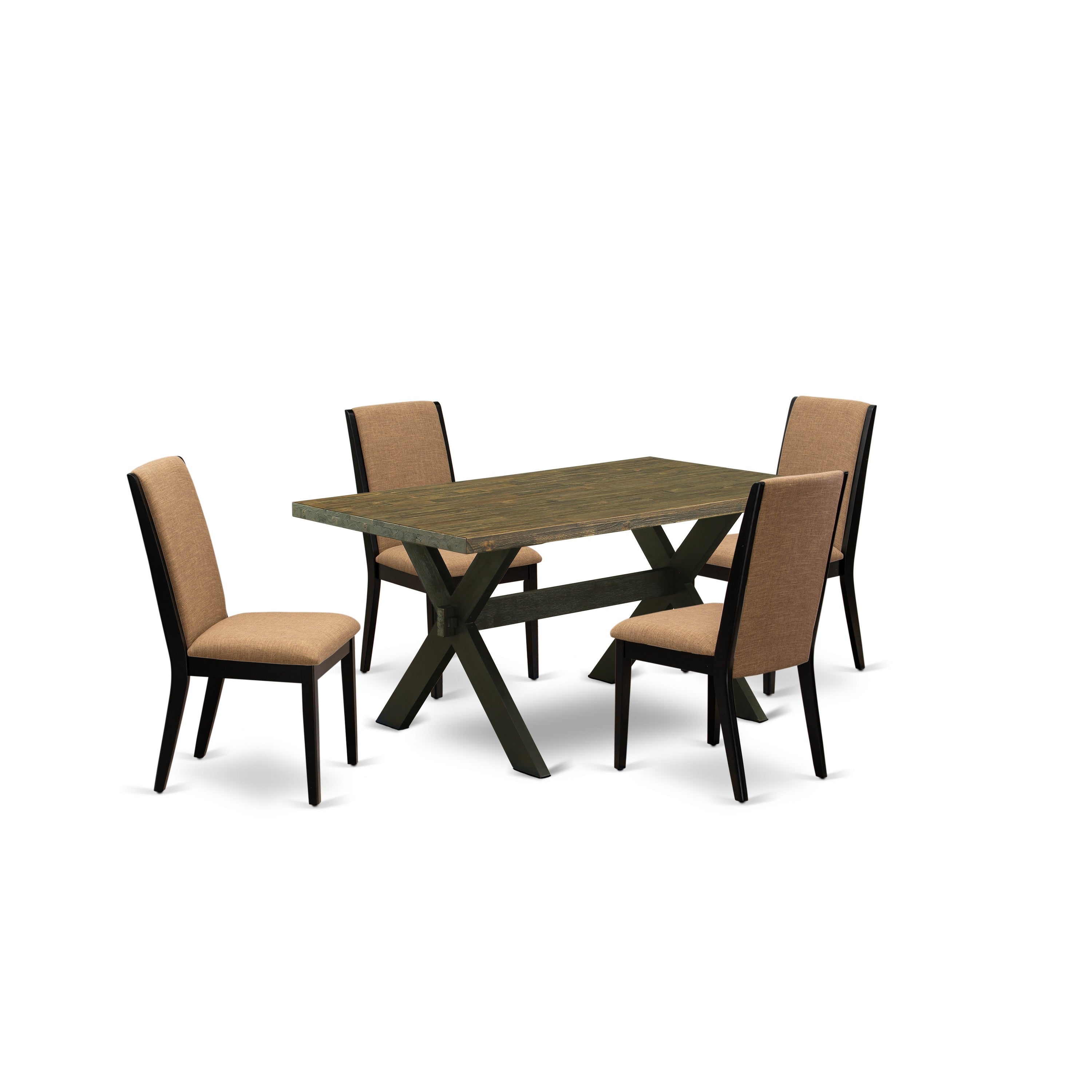 Juego de mesa de comedor de 5 piezas East West Furniture X676LA147-5 para 4 personas. Incluye una mesa de cocina rectangular con patas en forma de X y 4 sillas tapizadas en tela de lino color sable claro.
