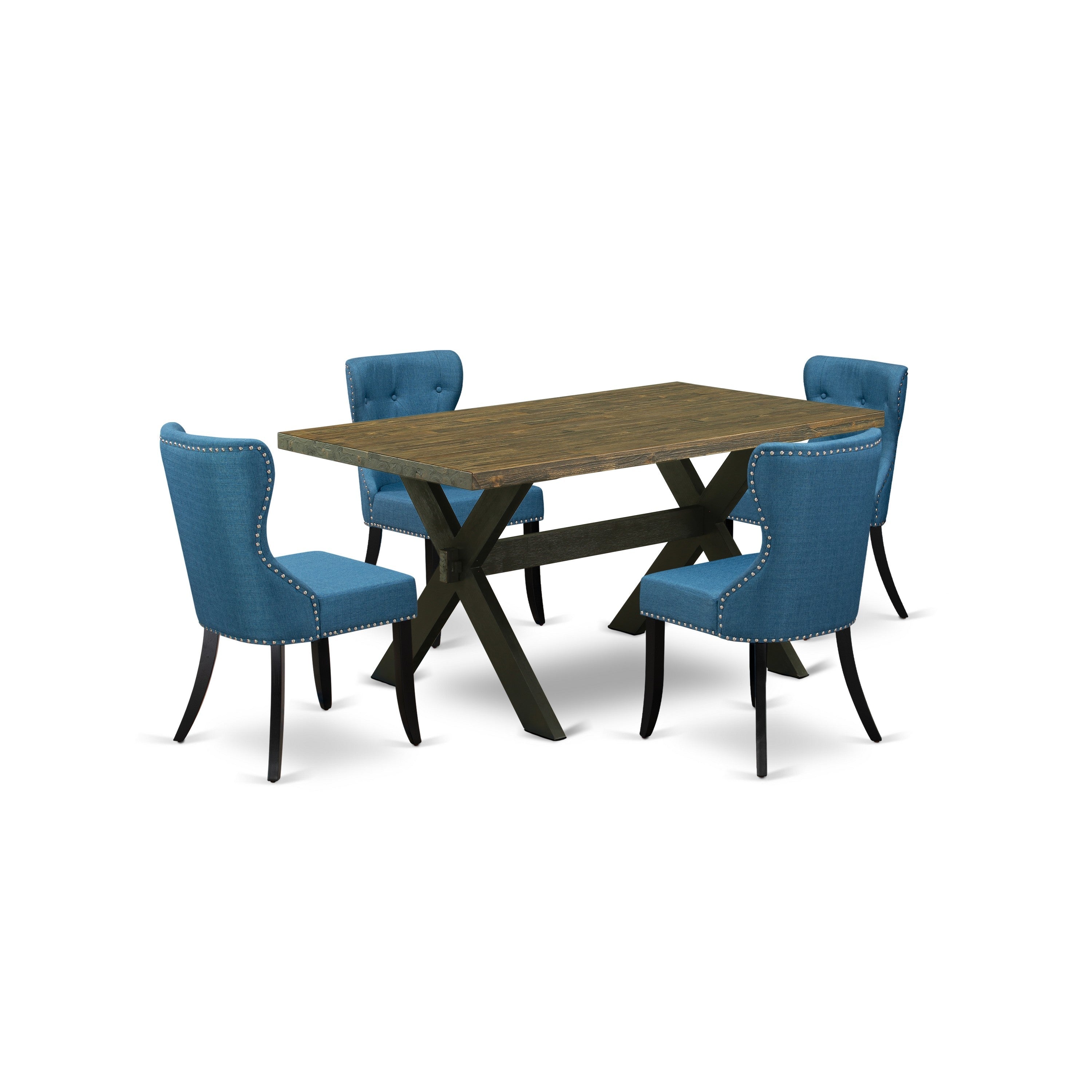 Juego de comedor de 5 piezas East West Furniture X676SI121-5. Incluye una mesa de comedor rectangular con patas en forma de X y 4 sillas tapizadas en tela de lino azul.