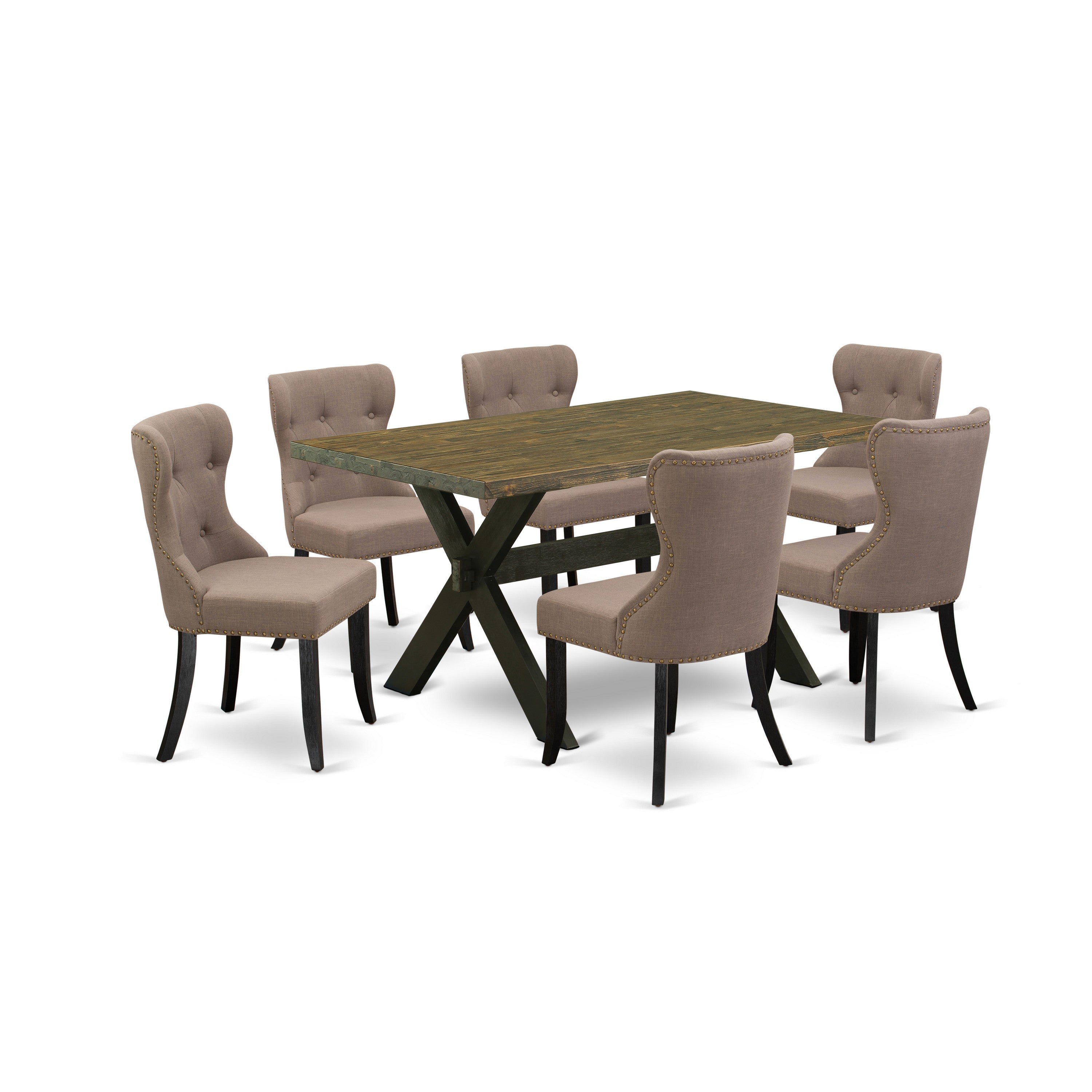 East West Furniture X676SI648-7 7-Piece Dining Set- 6 Mid Century Dining Chairs with Coffee Linen Fabric Seat and Button Tufted Chair Back - Rectangular Table top & Wooden Cross Legs - Distressed Jacobean and Wire Brushed Black Finish