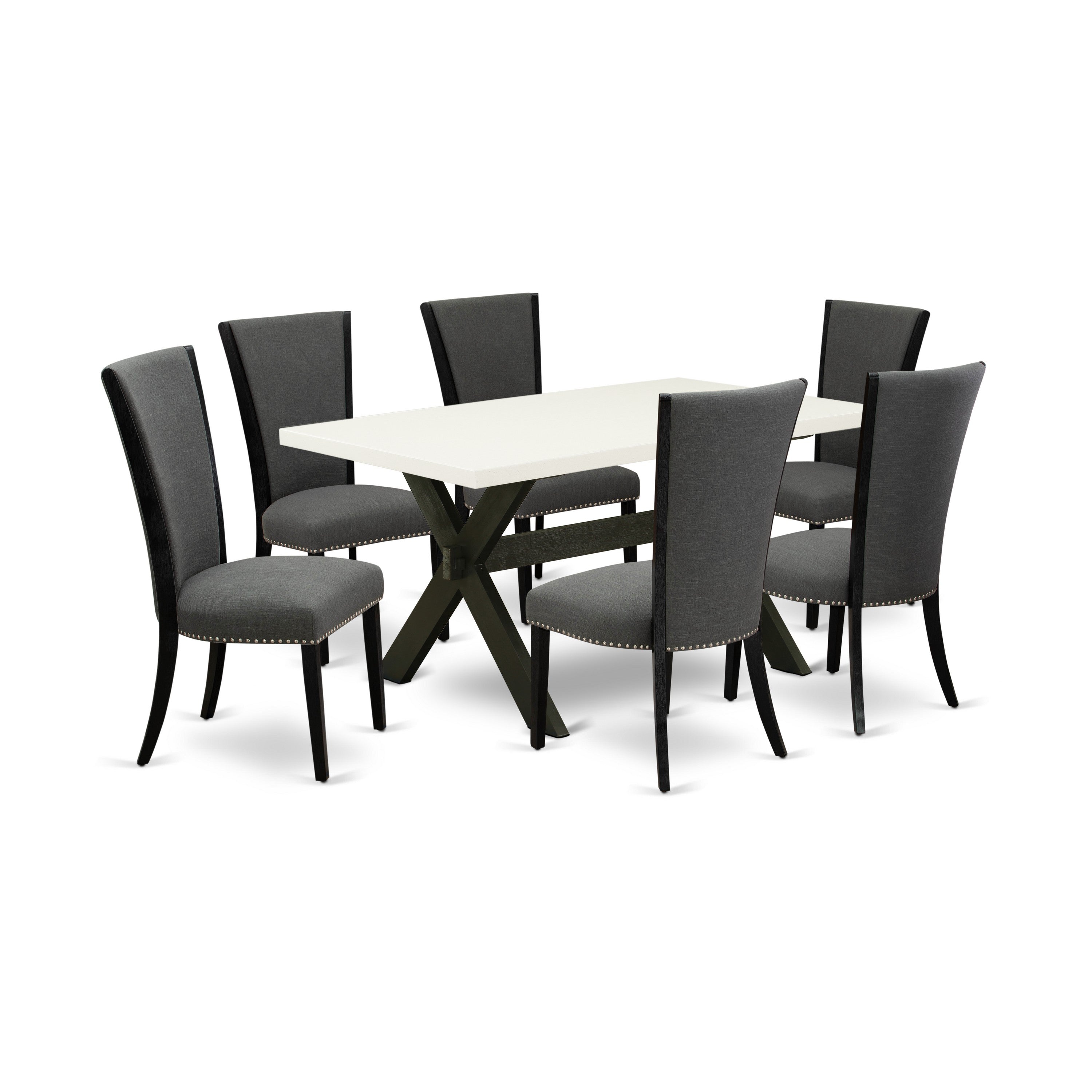 East West Furniture X676VE650-7 7 Pc Dinette Set Includes a Distressed Jacobean Wood Table and 6 Dark Gotham Grey Linen Fabric Modern Dining Chairs with High Back - Wire Brushed Black Finish