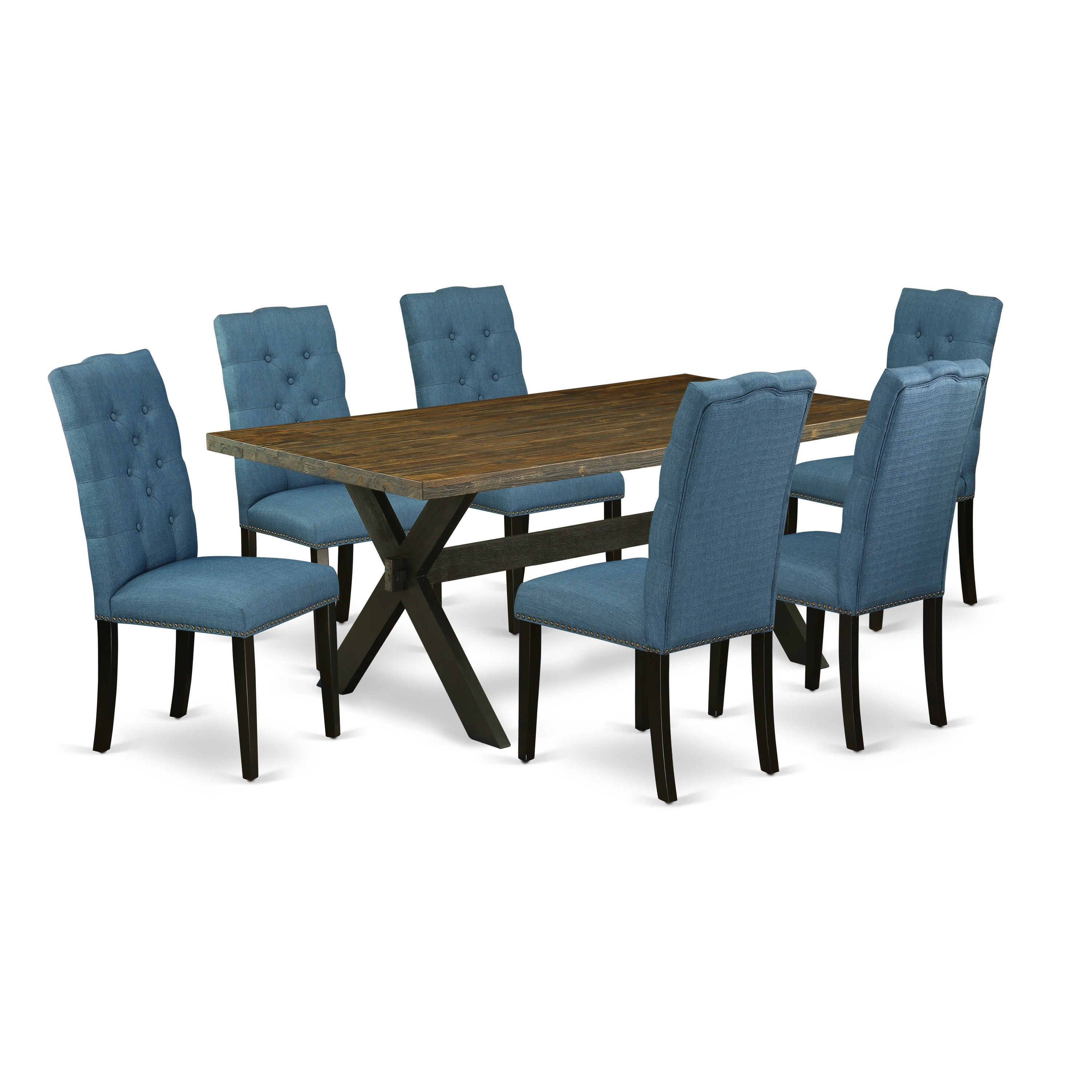 Juego de mesa de comedor de 7 piezas East West Furniture X677EL121-7 compuesto por una mesa de comedor rectangular con patas en forma de X y 6 sillas Parson tapizadas en tela de lino azul.