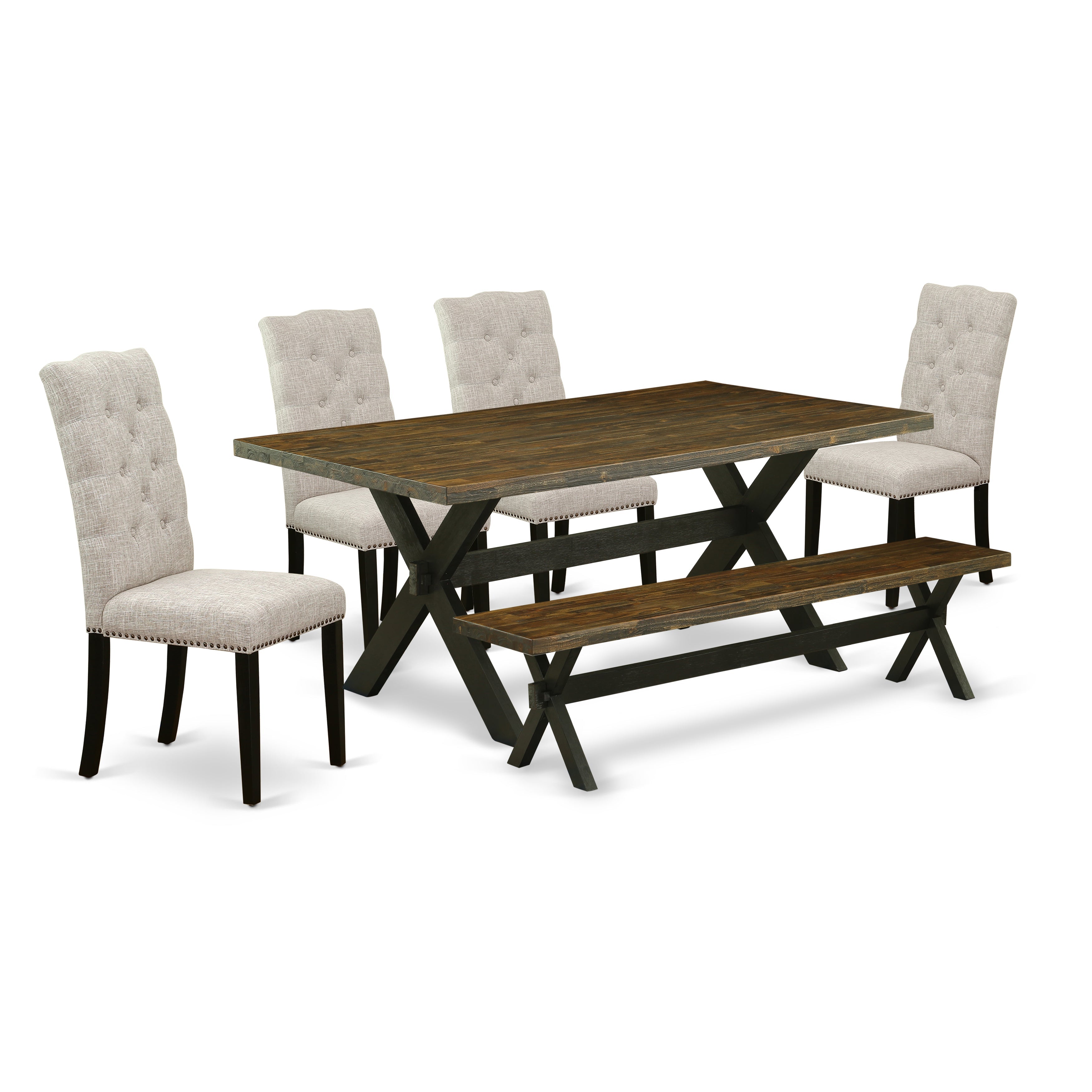 East West Furniture X677EL635-6 6-Pc dining table set-Doeskin Linen Fabric Seat and Button Tufted Chair Back Dining chairs, A Rectangular Bench and Rectangular top Wood Dining Table with Hardwood Legs - Distressed Jacobean and Wire Brushed Black Finish