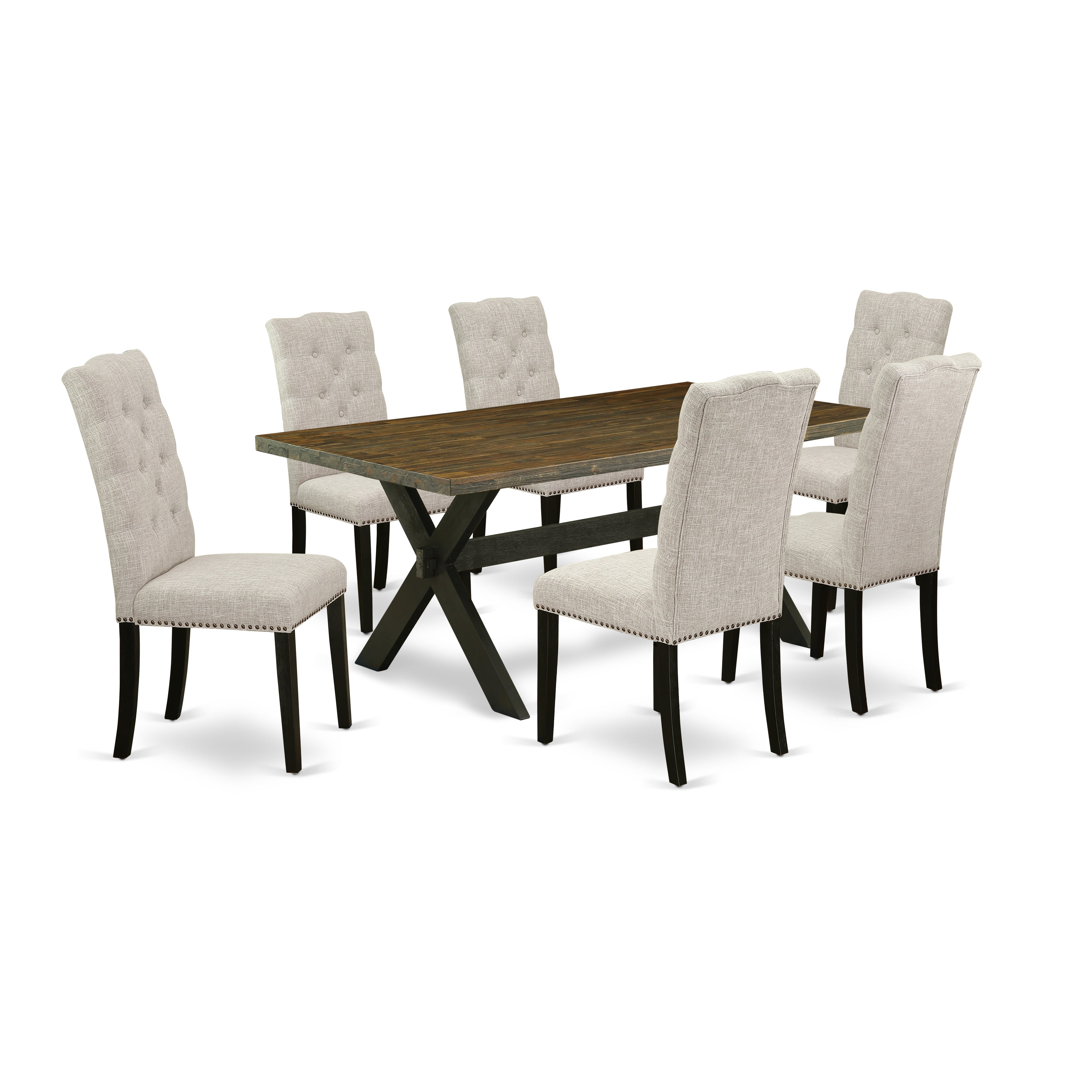 East West Furniture X677EL635-7 7-Piece Modern Dining Table Set a beautiful Distressed Jacobean Dining Table top and 6 Beautiful Parson Dining chairs with Nail Heads and Button Tufted, Wire Brushed Black Finish