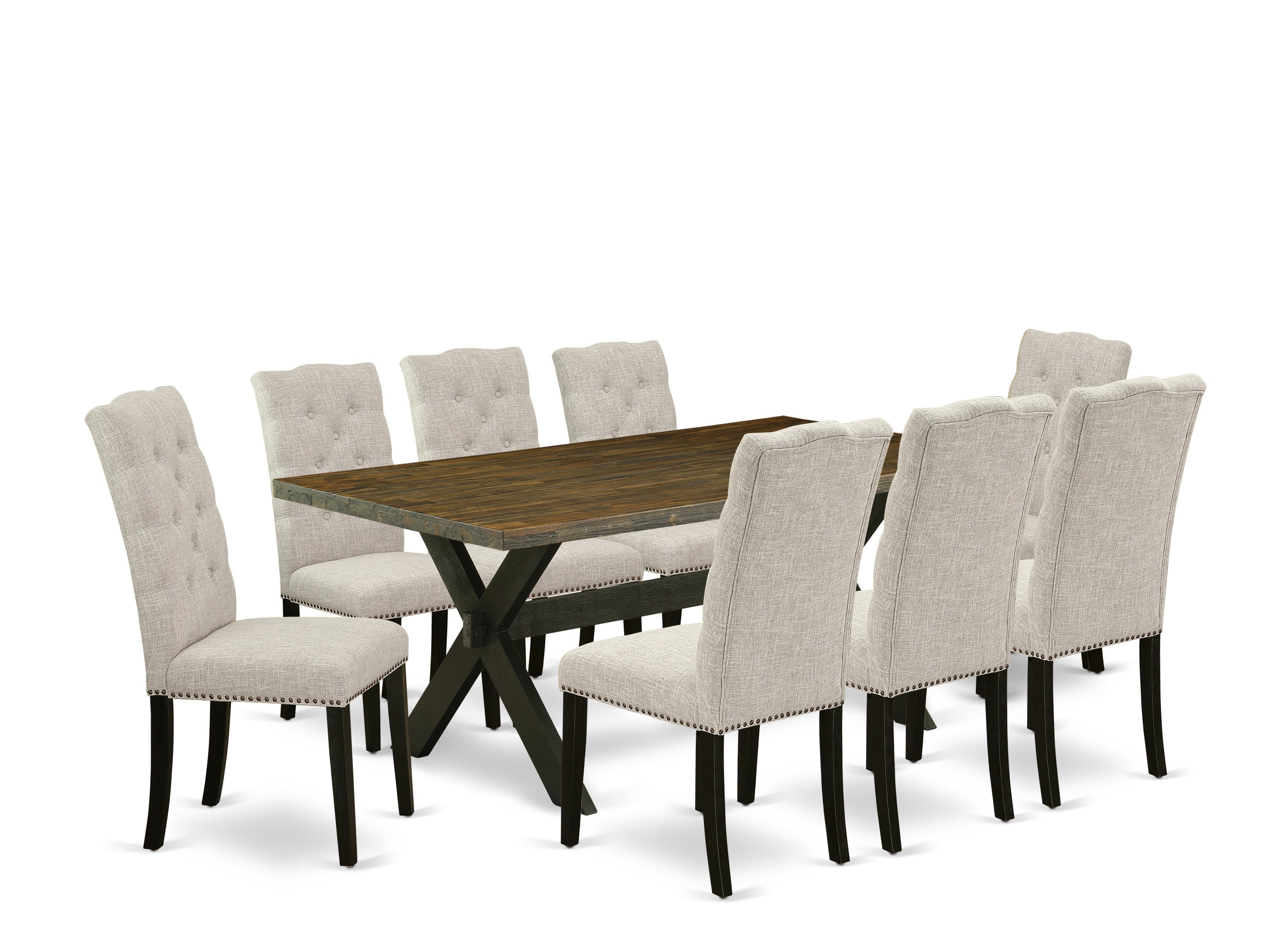 Juego de comedor de 9 piezas East West Furniture X677EL635-9. Incluye una mesa de comedor rectangular con patas en forma de X y 8 sillas Parson tapizadas en tela de lino y piel de venado.